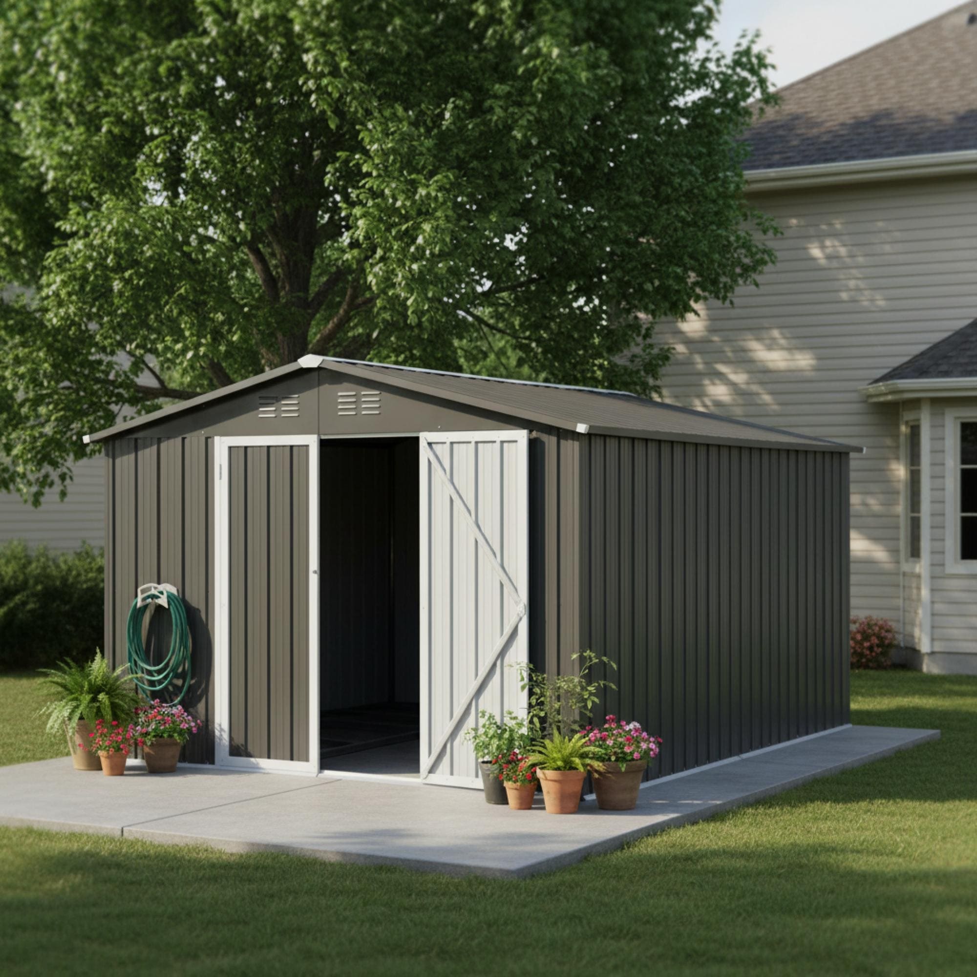 Roomfitters 10X12 Ft Metal Storage Shed Outdoor Backyard Garden House Sliding Door Lockable Tool Storage Box Vents Grey