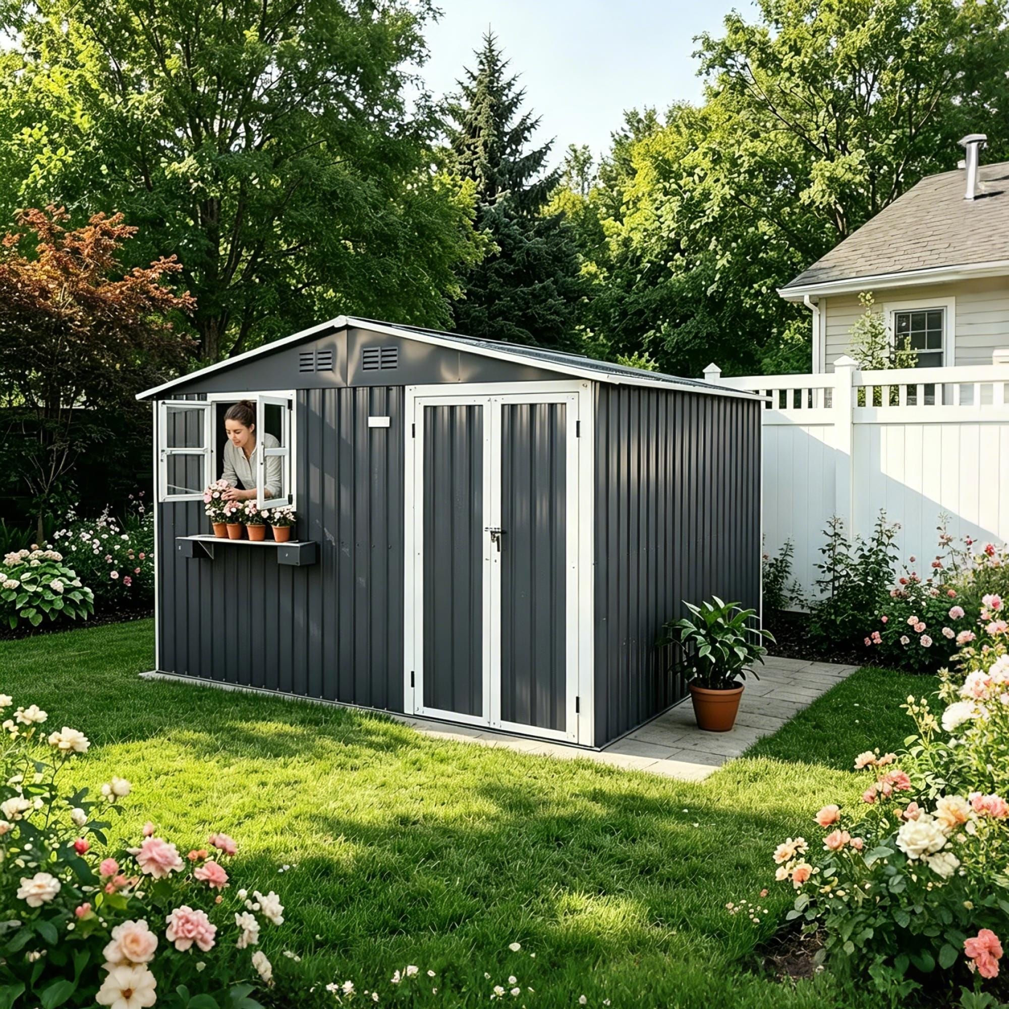 Roomfitters 10X8 Ft Metal Storage Shed Outdoor Backyard Garden House Planter Box Window Double Door Utility Shed