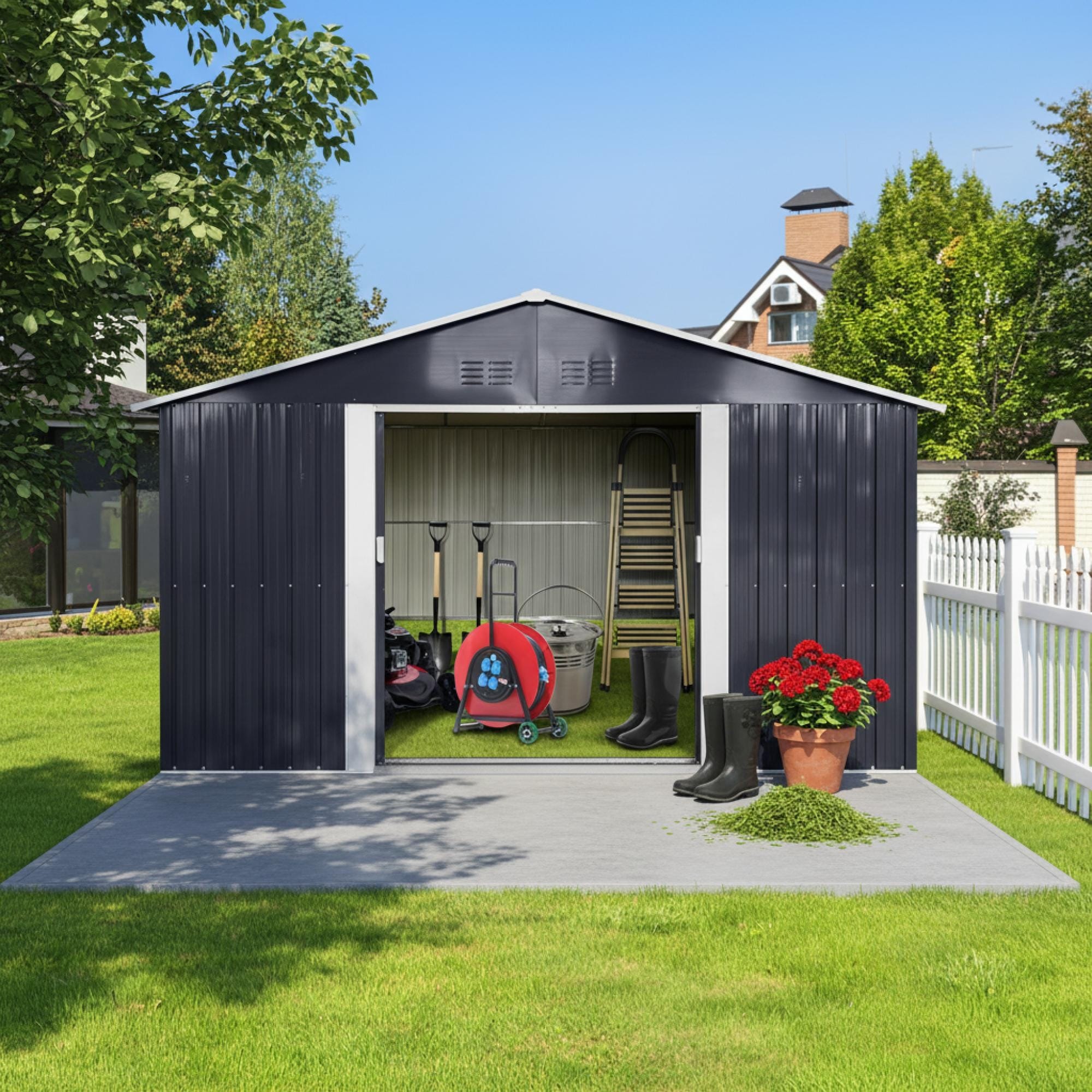 Roomfitters 11.2X10.6 Ft Metal Storage Shed Outdoor Backyard Garden House Sliding Door Lockable Tool Storage Box Vents Grey