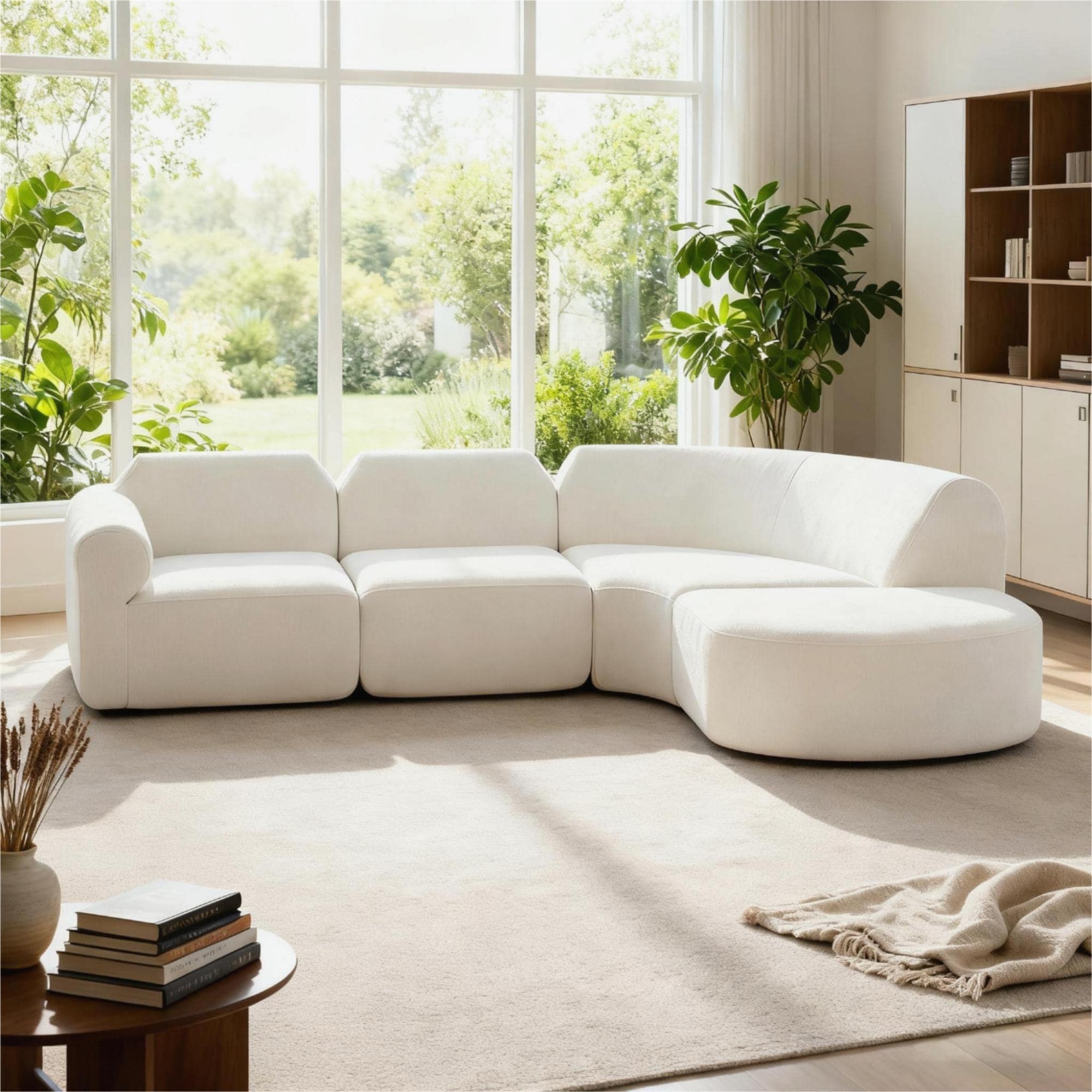 Roomfitters 111 Inch Curved Sectional Sofa With Ottoman 3 Piece Lambs Wool Style High Density Sponge Seating