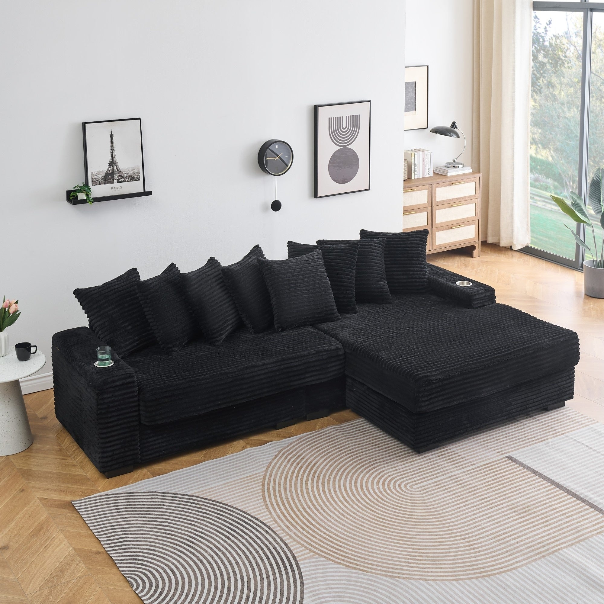 Roomfitters 111.4 Inch Black Corduroy Reversible L Shape Sectional Sofa Storage Armrests Cup Holders For Living Room