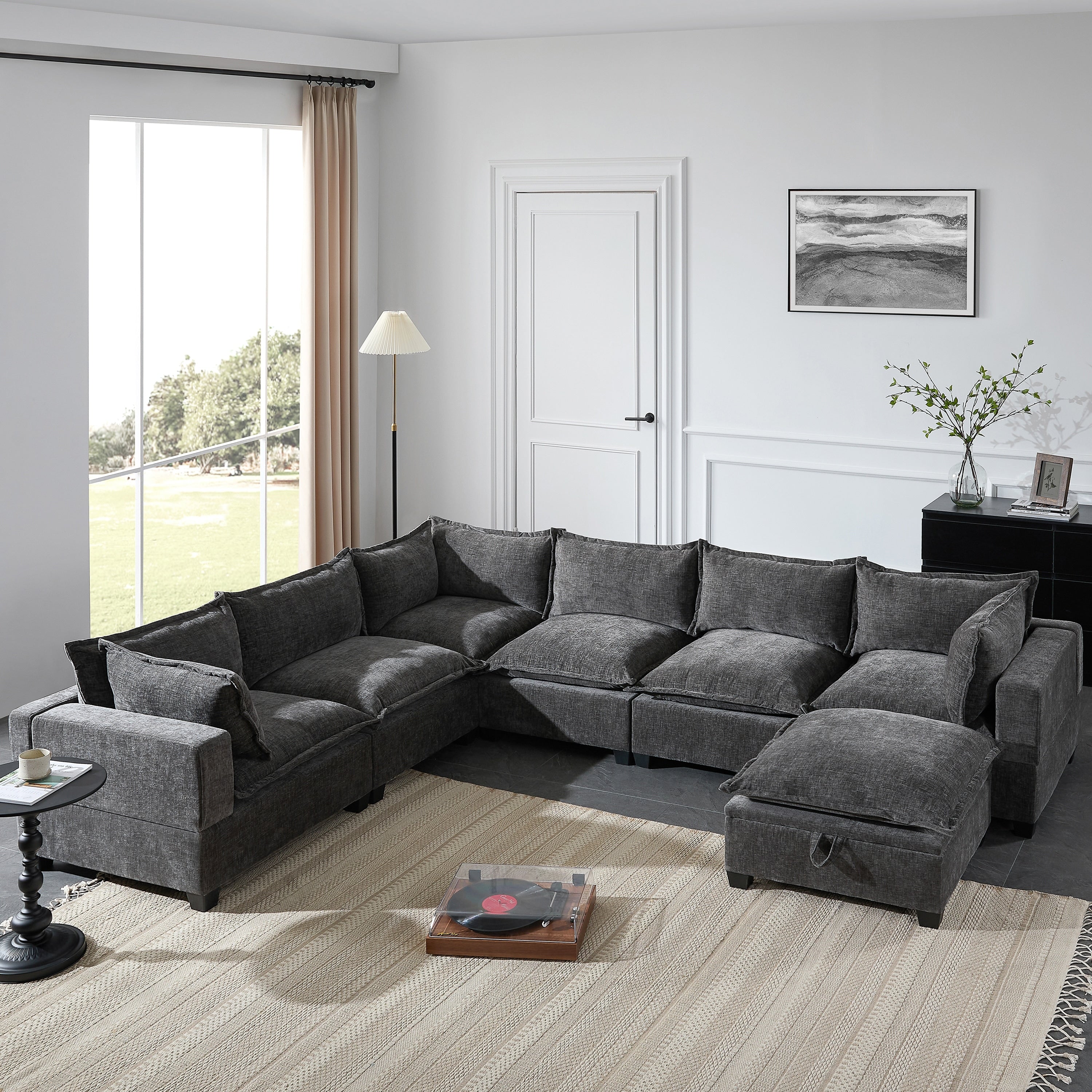 Roomfitters 117.5 Modular U Shaped Sectional Sofa With Storage Ottoman 7 Seat Wide Chenille Couch Living Room Sofa