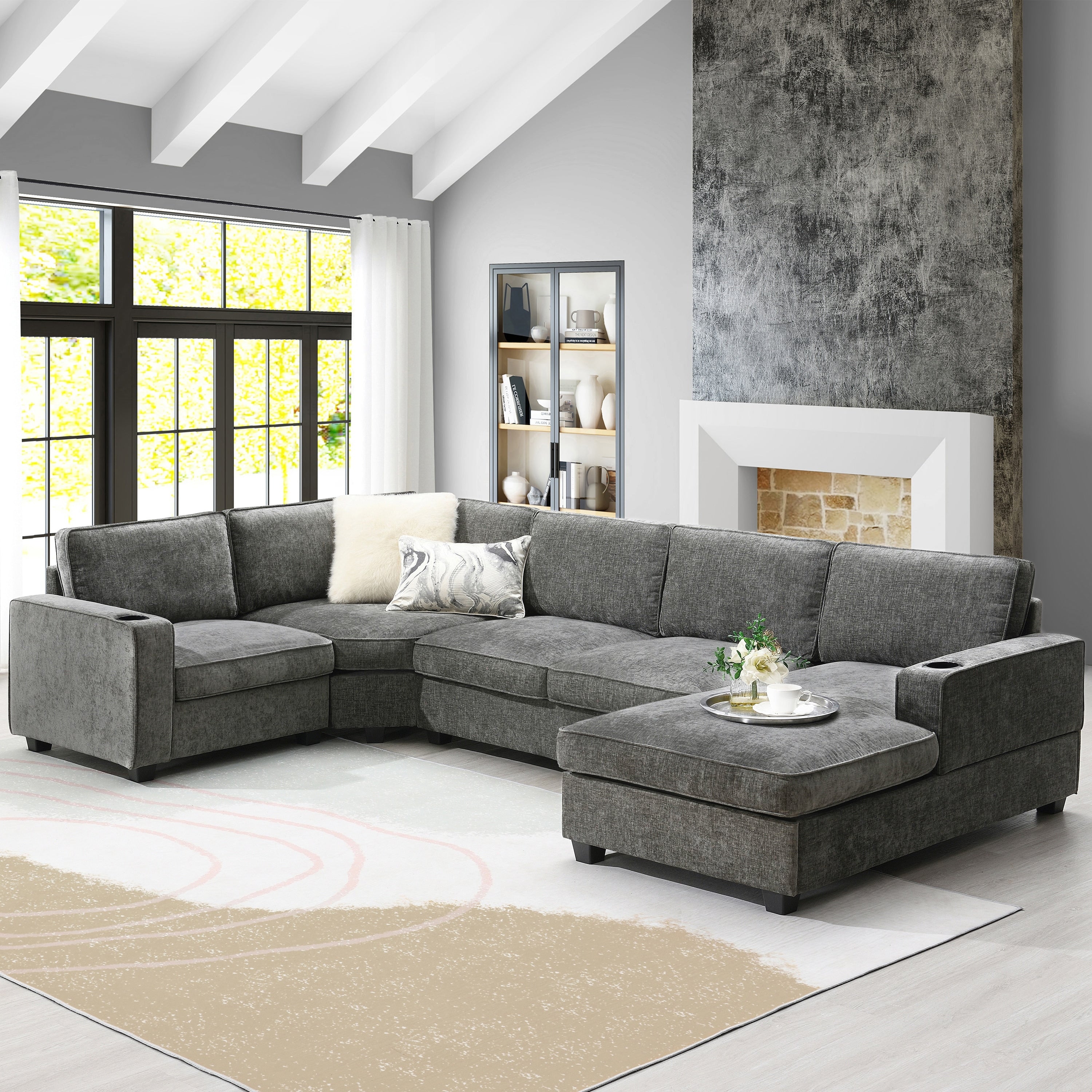 Roomfitters 119 U Shaped Sectional Sofa 6 Seat Chenille Corner Couch With Deep Wide Seat And Chaise Lounge