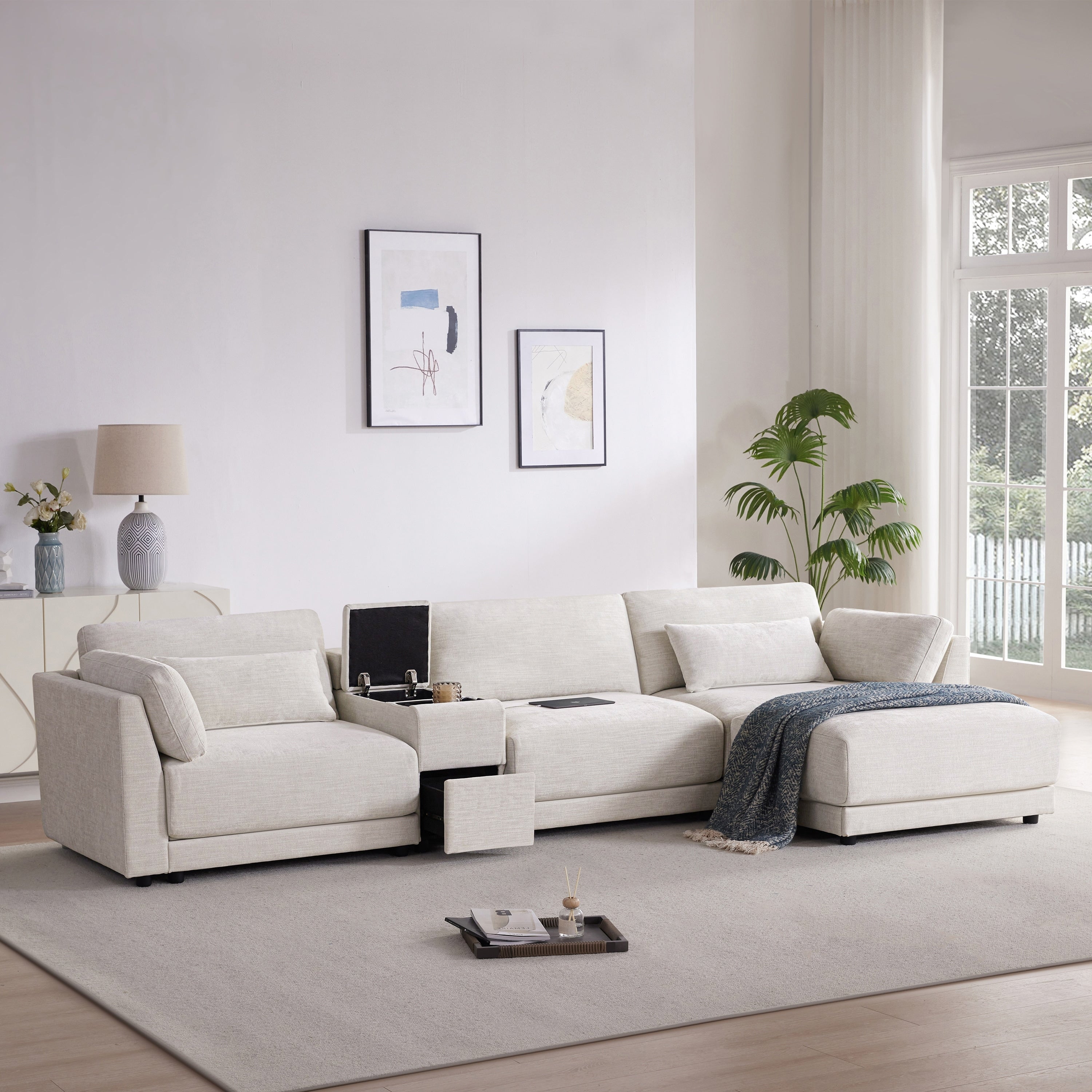 Roomfitters 124 L Shaped Sectional Sofa With Storage Console Charging Station Modular Couch With Ottoman Chenille