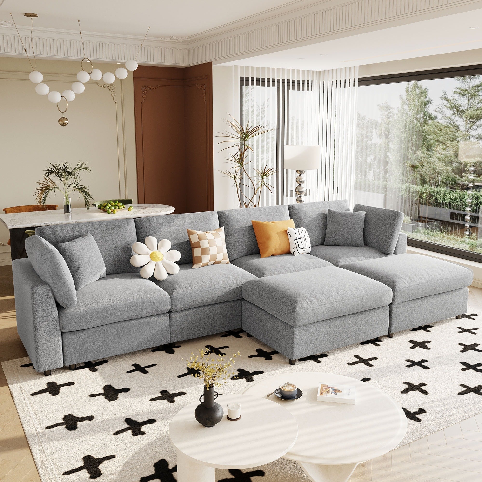 Roomfitters 128.2 Inch Customizable U Shaped Sectional Sofa 6 Seater Chenille Couch 2 Movable Ottomans Pit Lounge