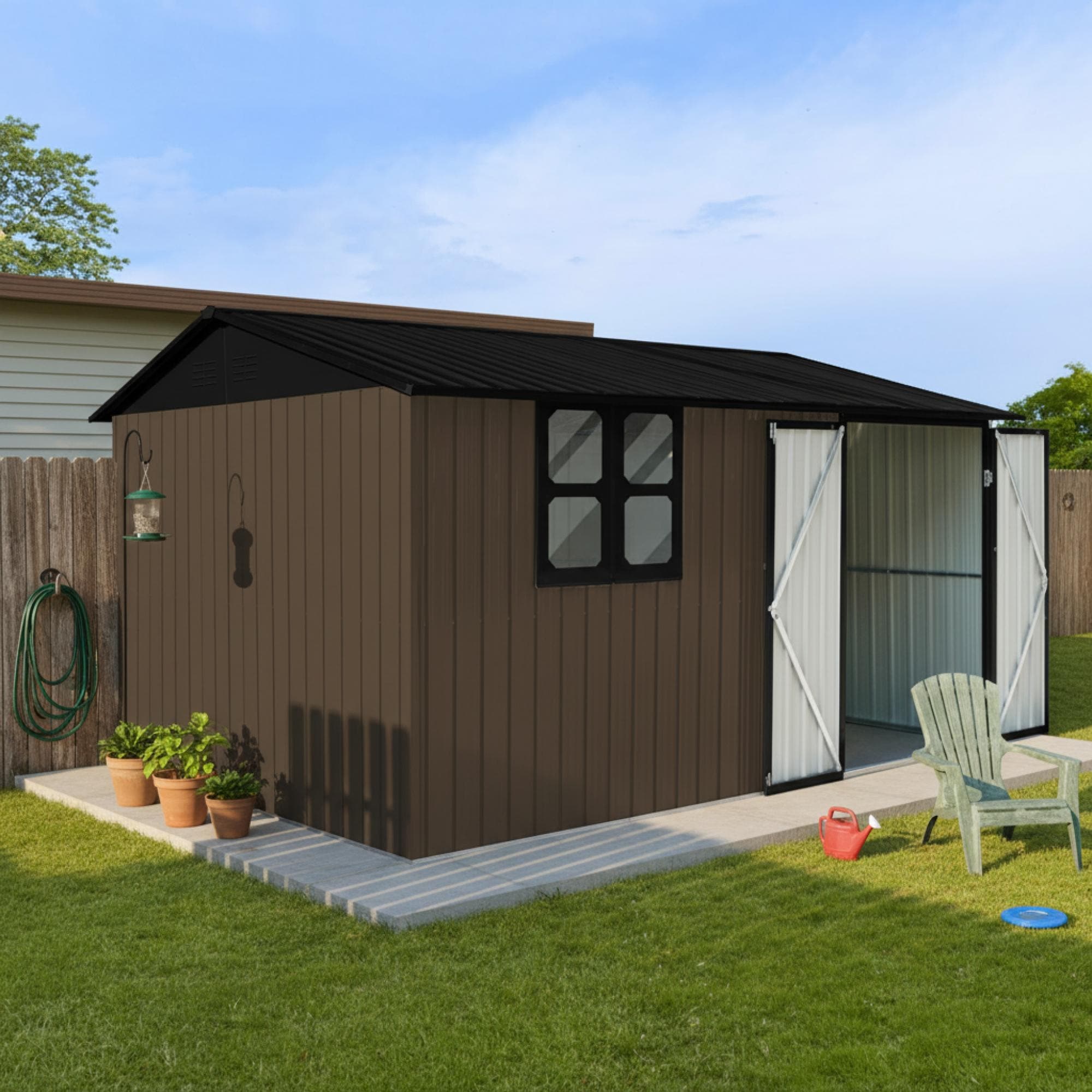 Roomfitters 12X10 Ft Metal Storage Shed Large Outdoor Backyard Garden House Double Door Lockable Tool House Window