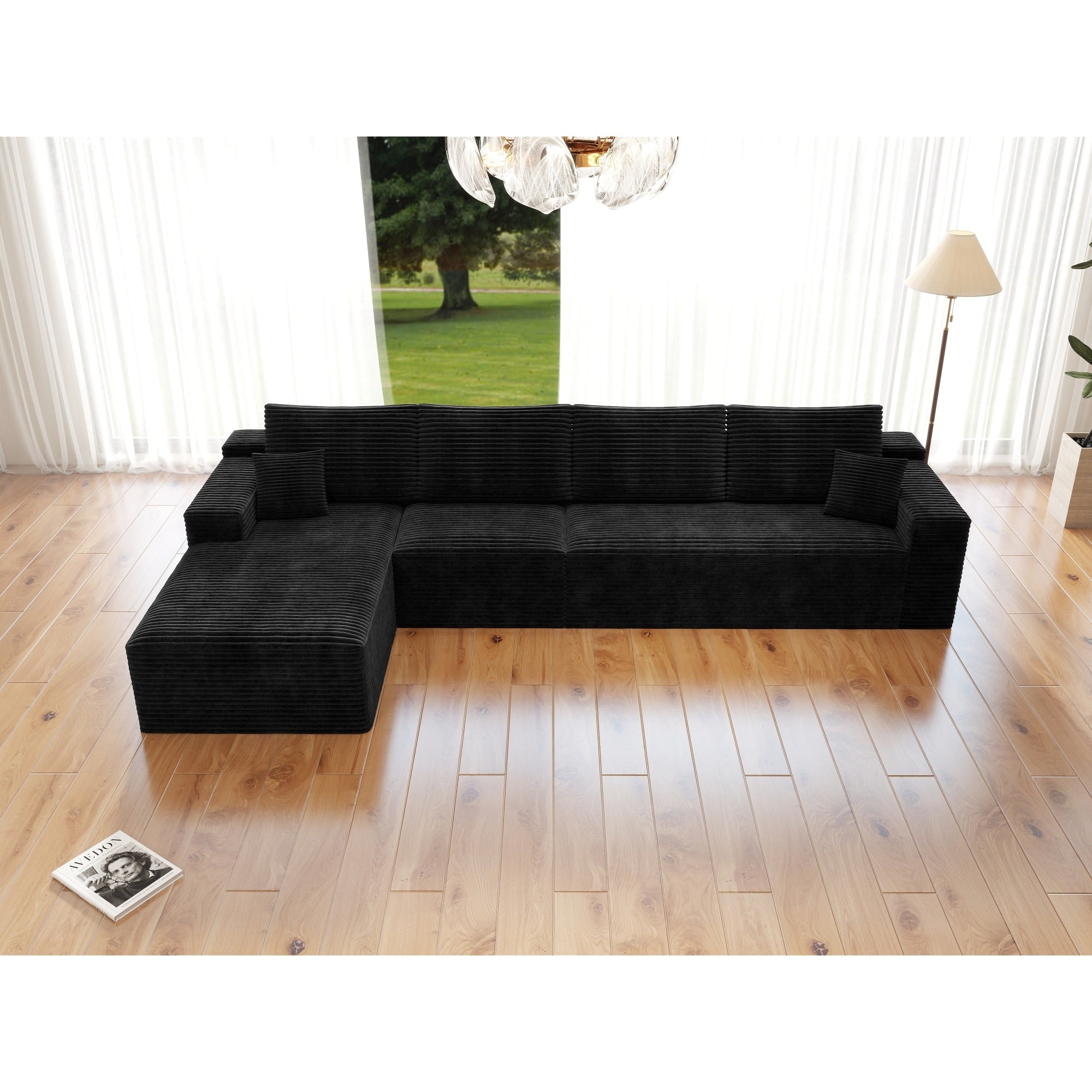 Roomfitters 131.9 Modular Sectional Sofa 4 Piece Compressed Cloud Couch No Assembly Required Plush Corduroy Black
