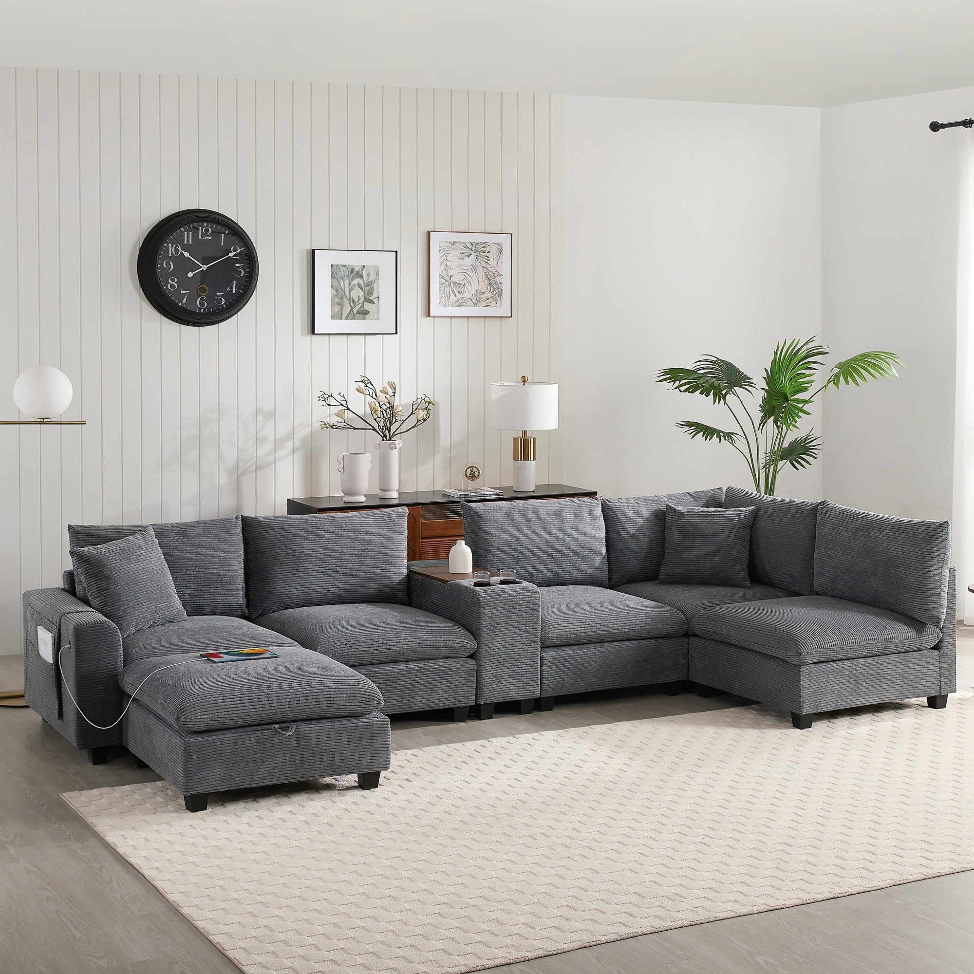 Roomfitters 139 Inch U Shaped Modular Sectional Sofa With Storage Console Cup Holders And Usb Ports For Living Room