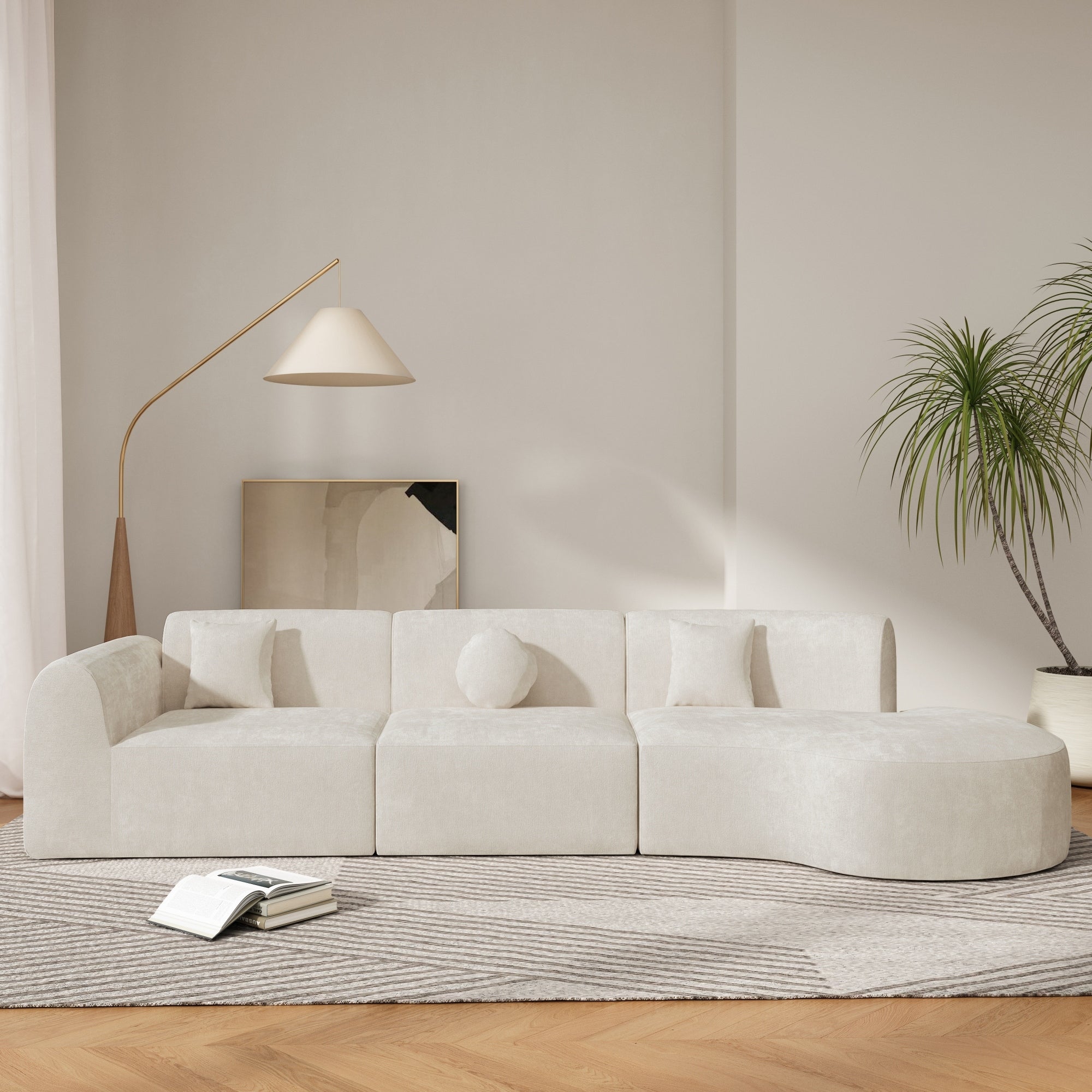 Roomfitters 140 Inch Modern Curved Sectional Integrated Chaise Lounge 3 Piece Lambs Wool Style Sponge Seating