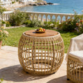 Roomfitters 16.15 Round Acacia Wood Outdoor Side Table With Wicker Pedestal Base Modern Patio Garden Accent Table Light Brown