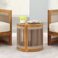 Roomfitters 16.9 Inch Acacia Wood Outdoor Side Table Handwoven Rope Accent Boho Table Round Slatted Garden End