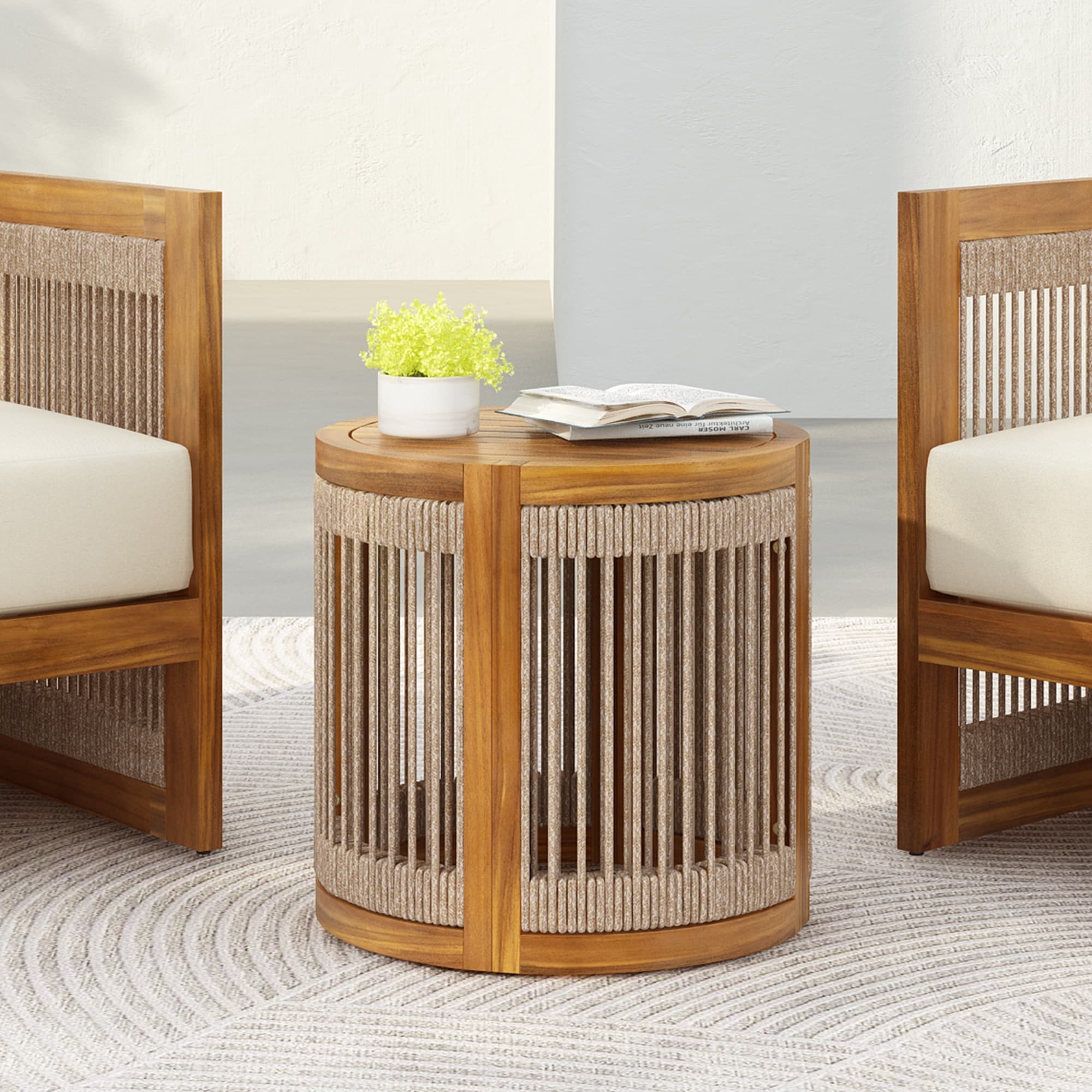 Roomfitters 16.9 Inch Acacia Wood Outdoor Side Table Handwoven Rope Accent Boho Table Round Slatted Garden End