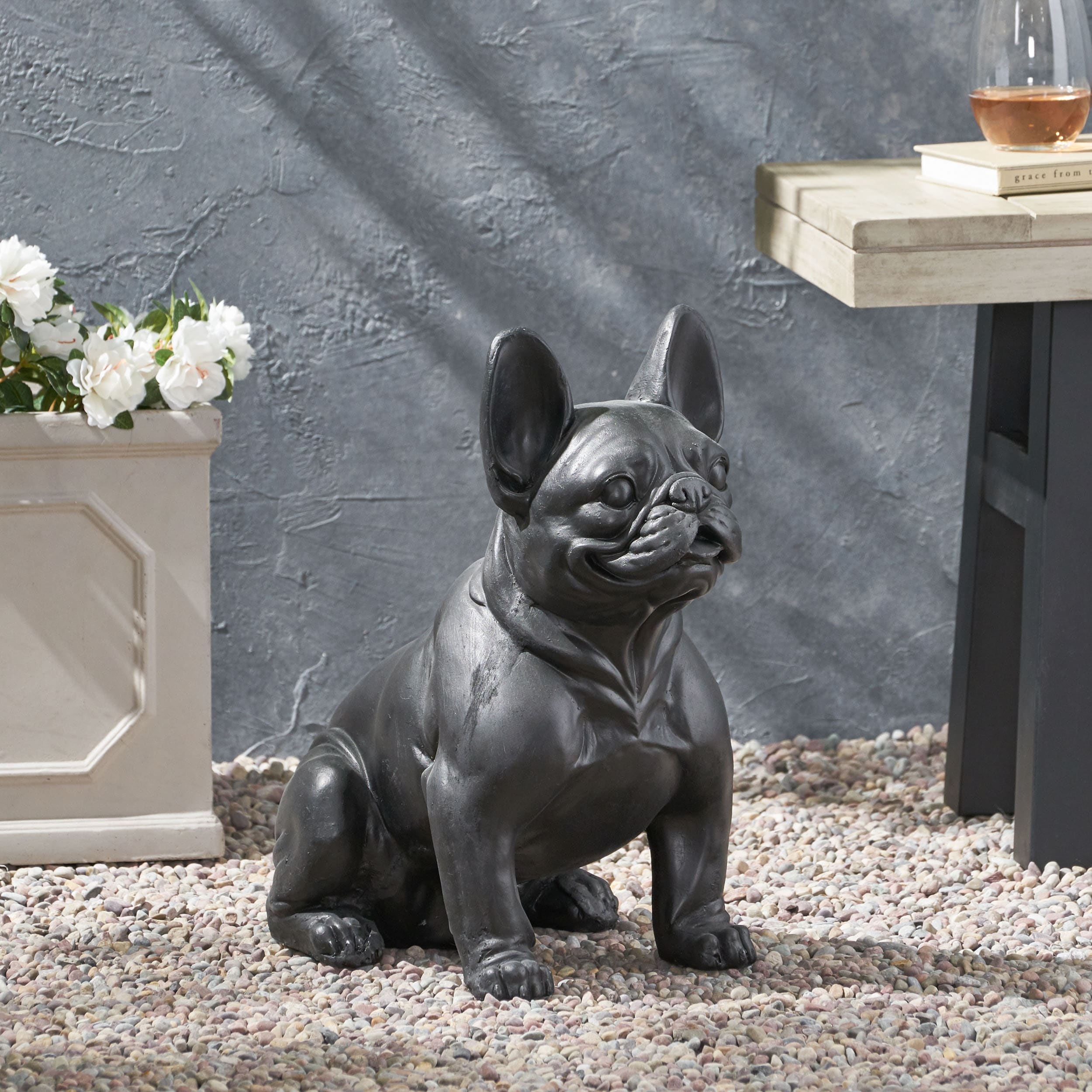 Roomfitters 17 Inch French Bulldog Garden Statue Cast Stone Outdoor Dog Sculpture