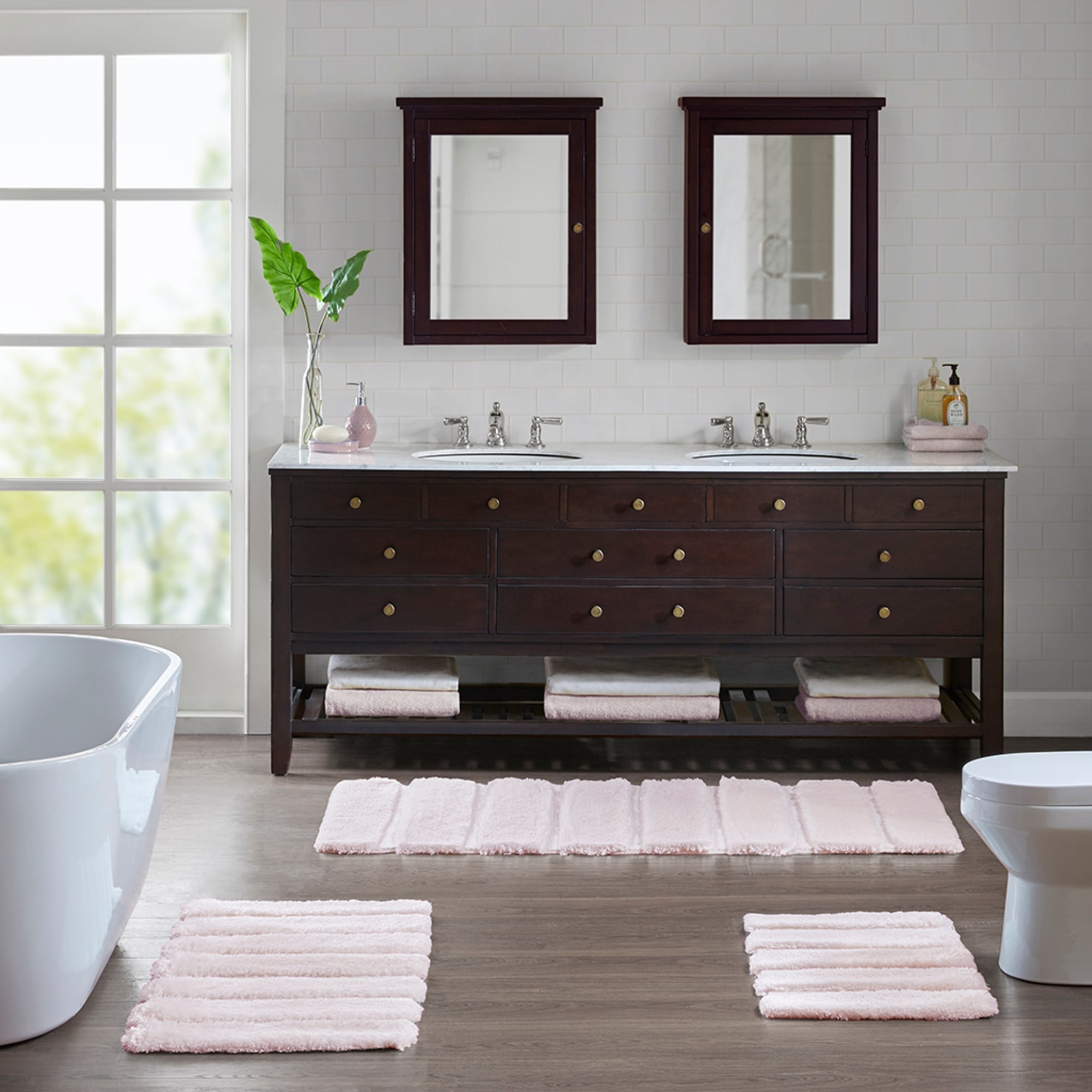 Roomfitters 17X24 High Low Stripe Tufted Bath Rug Blush Pink Shabby Chic Bathroom Carpet Soft Polyester Non Skid Rug Set