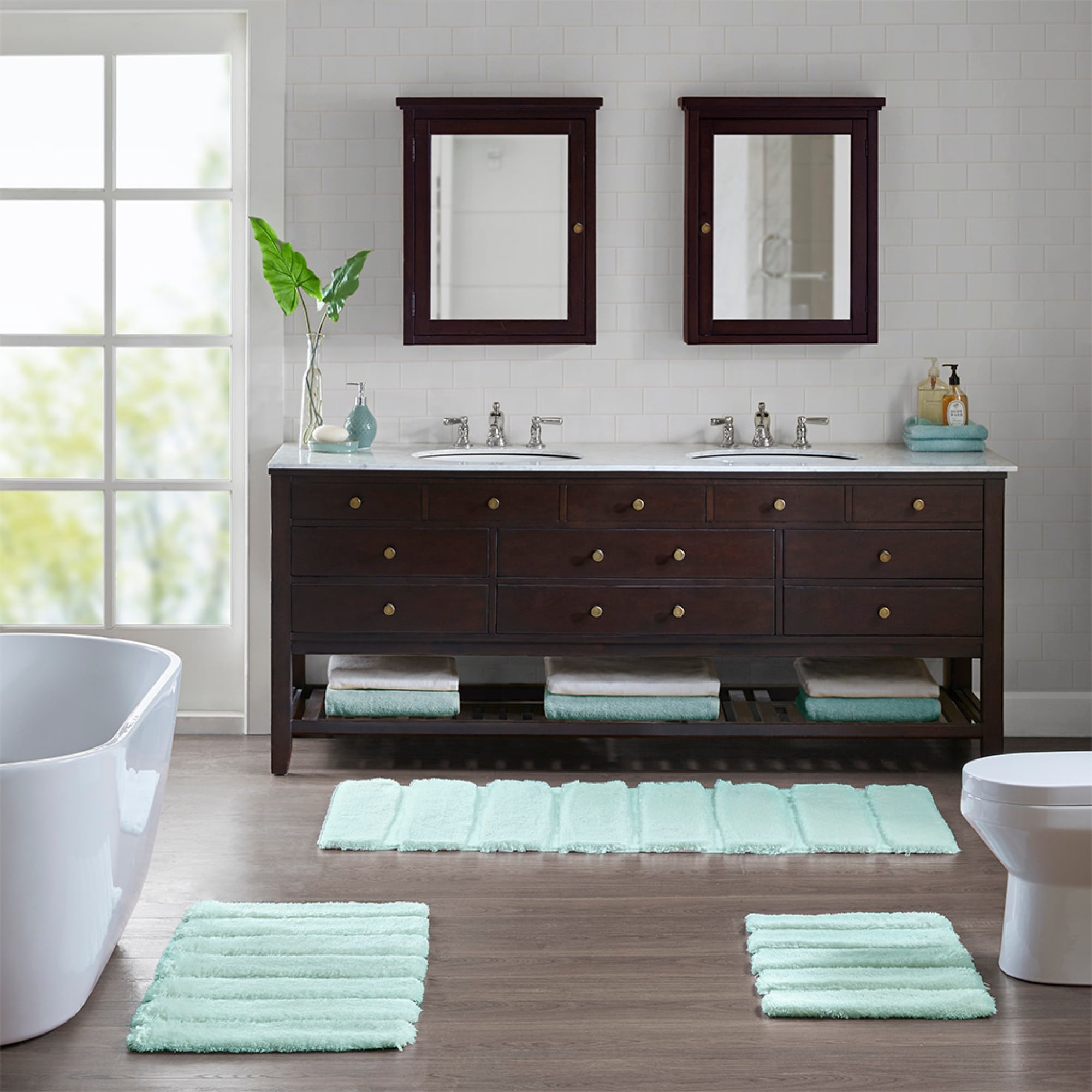 Roomfitters 17X24 High Low Stripe Tufted Bath Rug Seafoam Shabby Chic Bathroom Carpet Soft Macro Spun Polyester Non Skid Rug