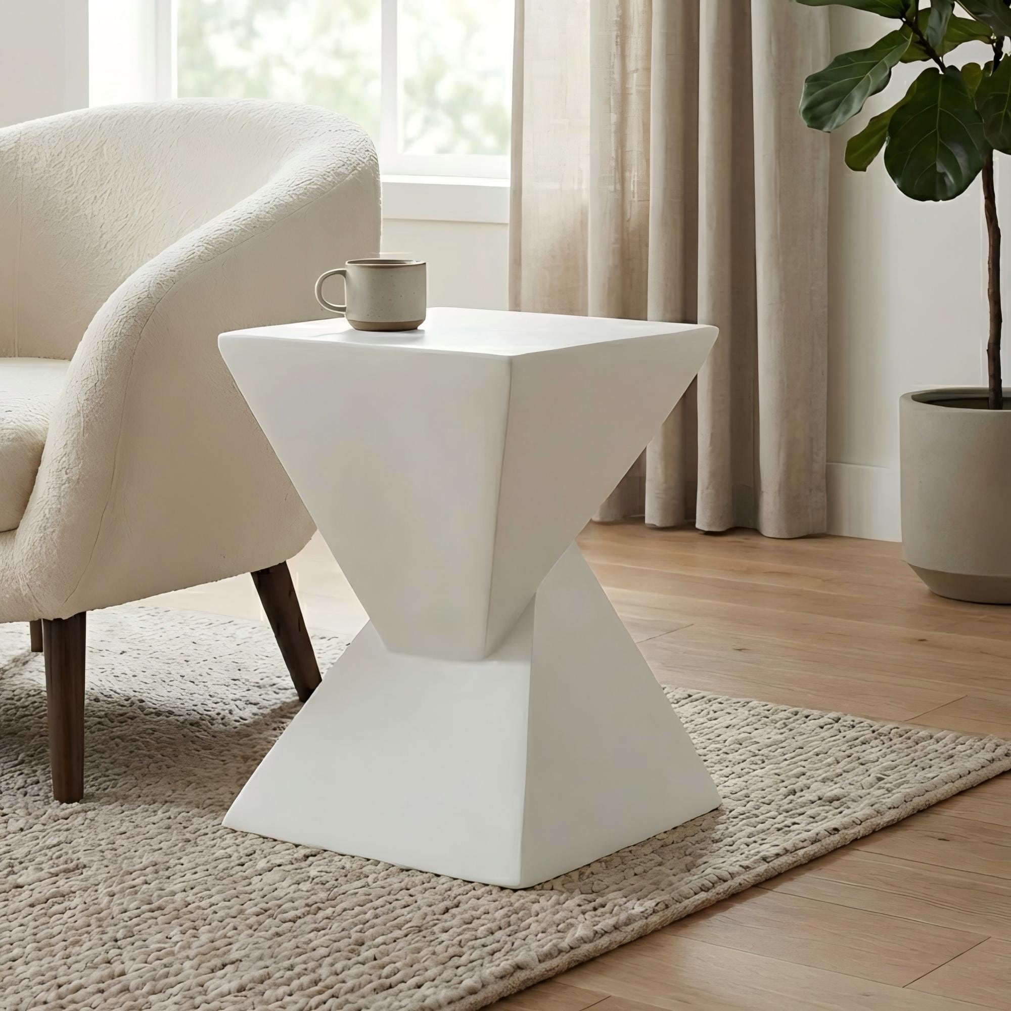 Roomfitters 18 Mgo X Design Side Table Modern Geometric Hourglass Sculptural Accent End Table Stone Look For Patio White