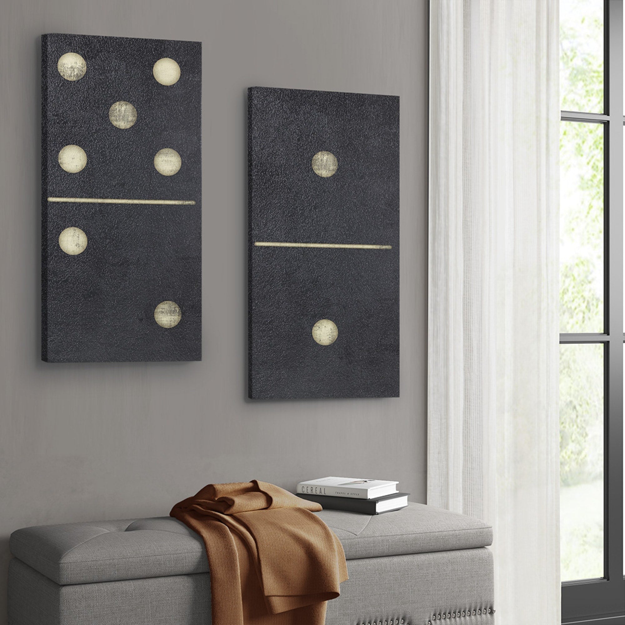 Roomfitters 18X36 2 Piece Domino Canvas Wall Art Set Black And Ivory Abstract Textured Vertical Wall Decor With Gel Coat Finish