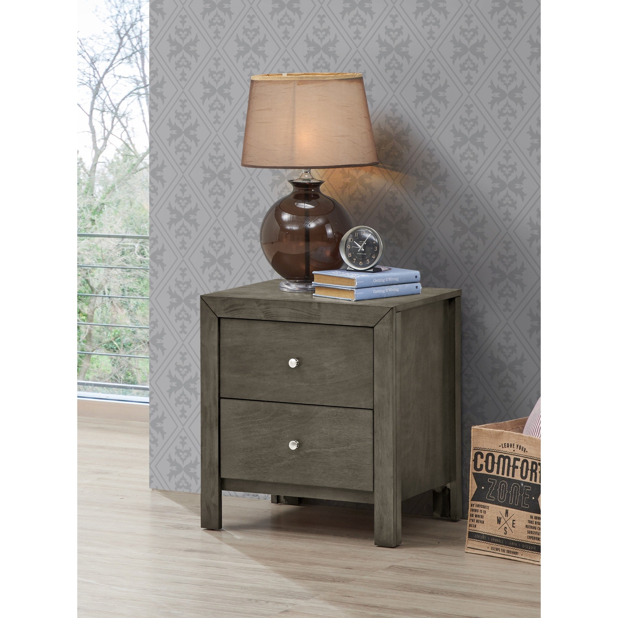 Roomfitters 2 Drawer Nightstand Chic Gray Wood Grain Silver Knobs Fully Assembled Modern Bedroom End Table