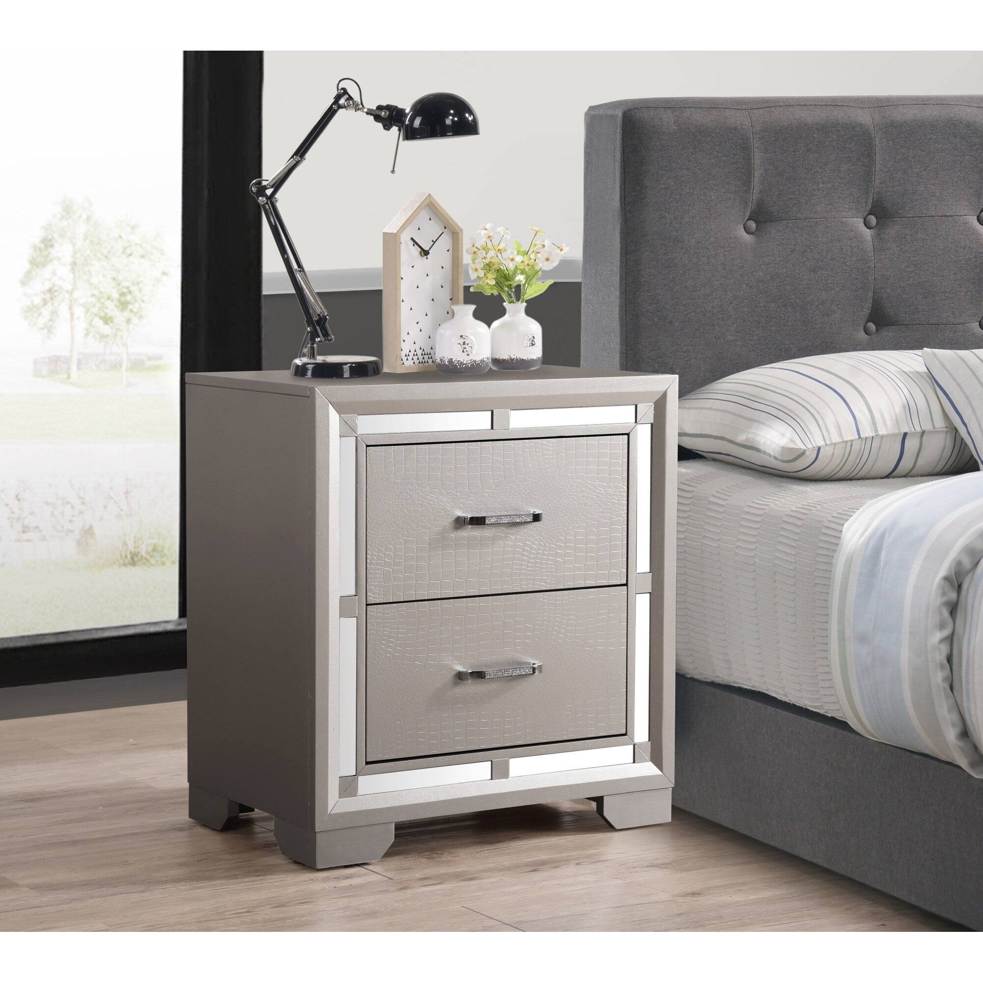 Roomfitters 2 Drawer Nightstand Silver Champagne Mirror Trim Croc Textured Fully Assembled Glam Modern End Table