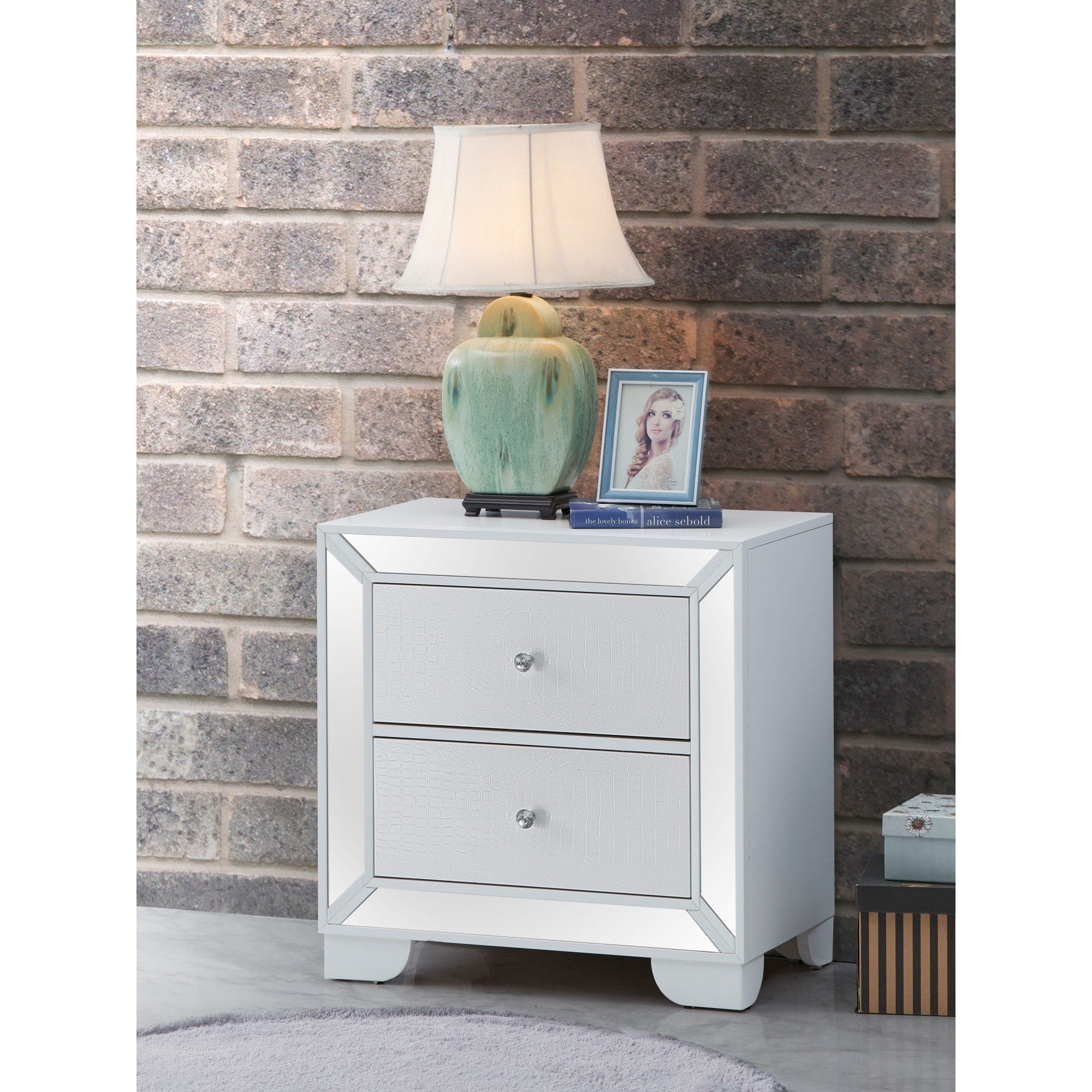 Roomfitters 2 Drawer Nightstand White Wood Mirror Trim Croc Textured Fully Assembled Glam Modern End Table