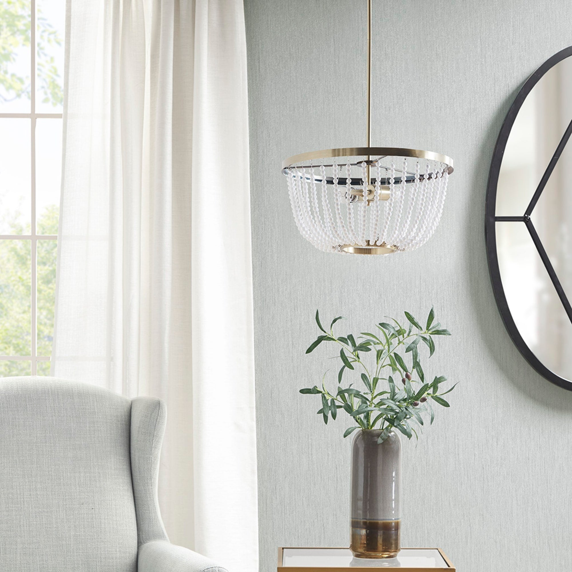 Roomfitters 2 Light Beaded Chandelier Antique Brass Metal Hanging Light Luxury White Acrylic Bead Dish Dining Room Fixture