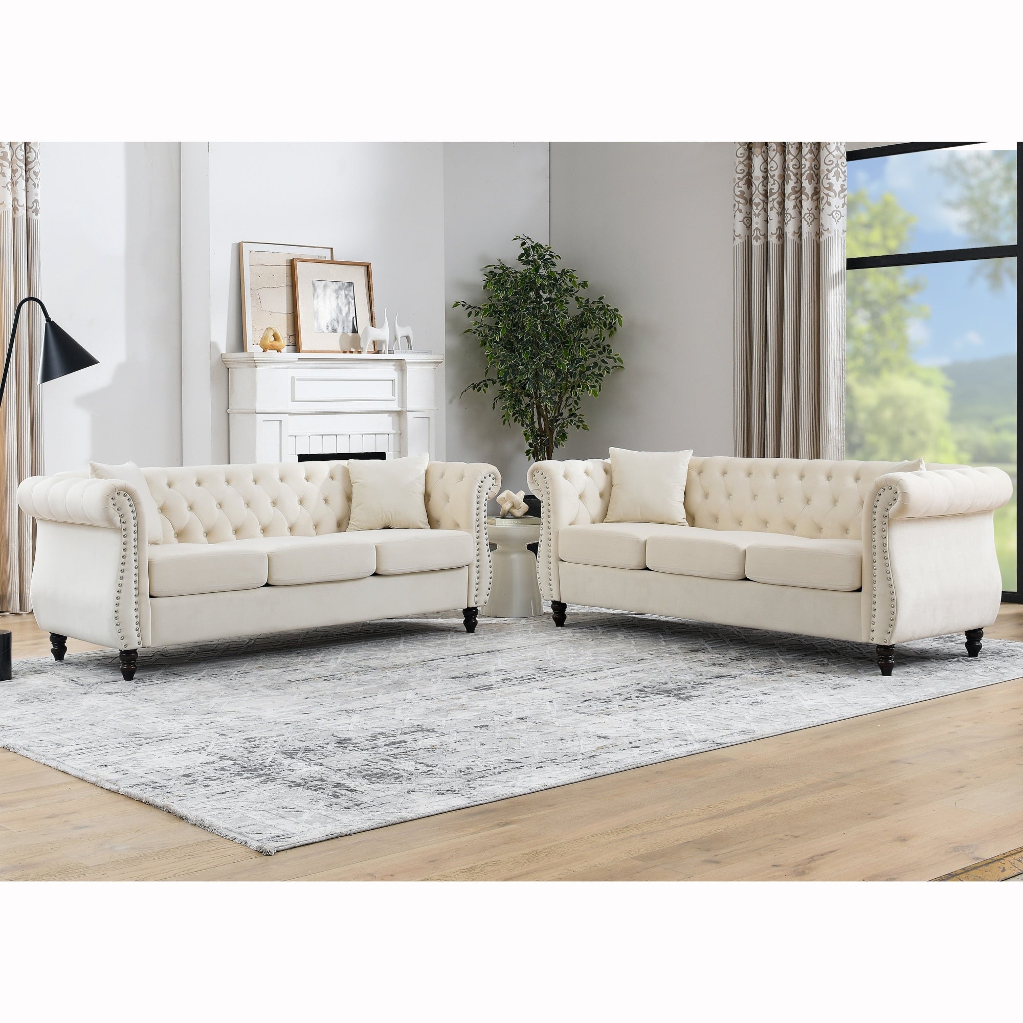Roomfitters 2 Piece 80 Chesterfield Upholstered Sofa Set 3 Seater Couches With Button Accented Back And Nailhead Trim Beige