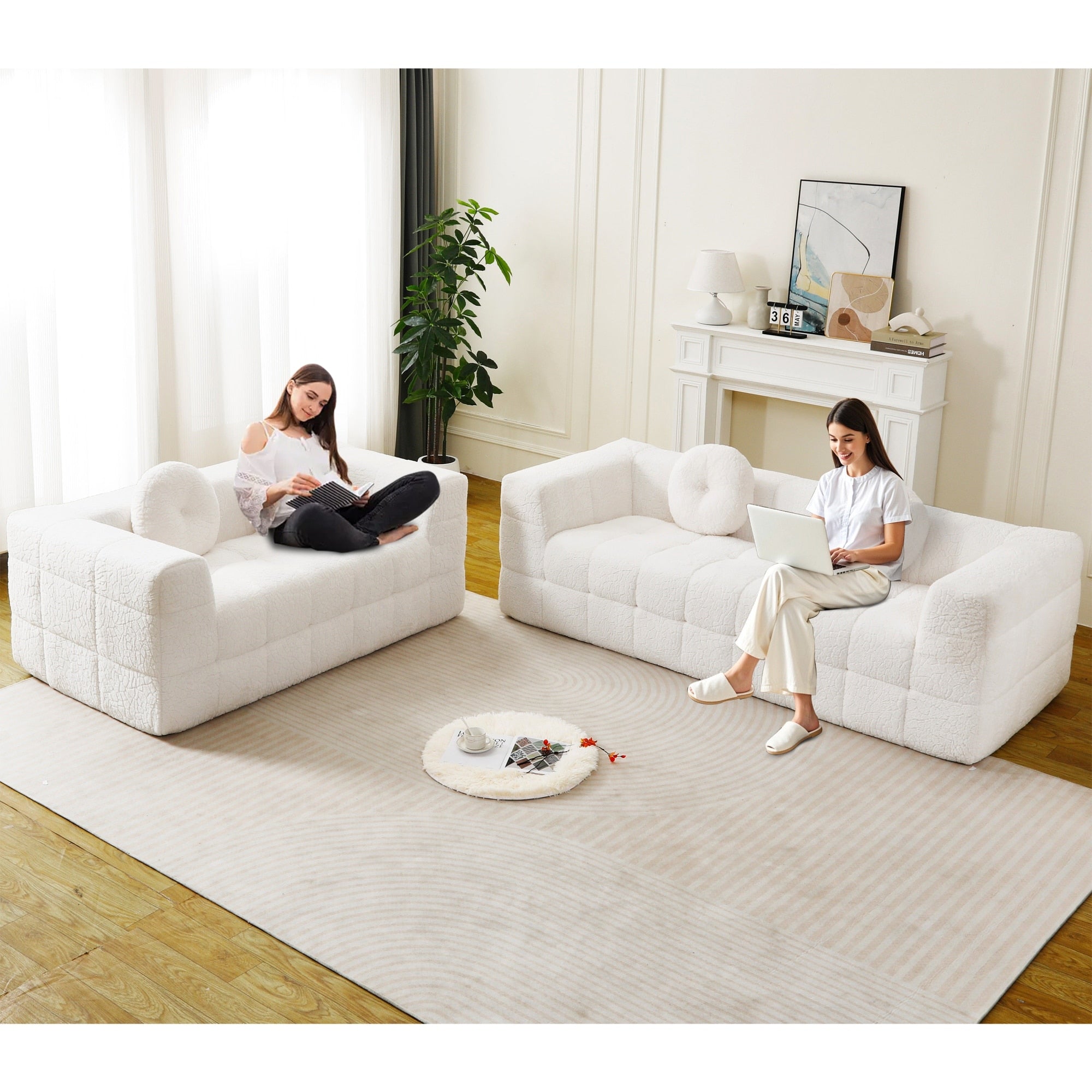 Roomfitters 2 Piece Beige Boneless Couch Set All Foam Upholstered 84.6 Sofa And 66.5 Loveseat For Modern Living Room