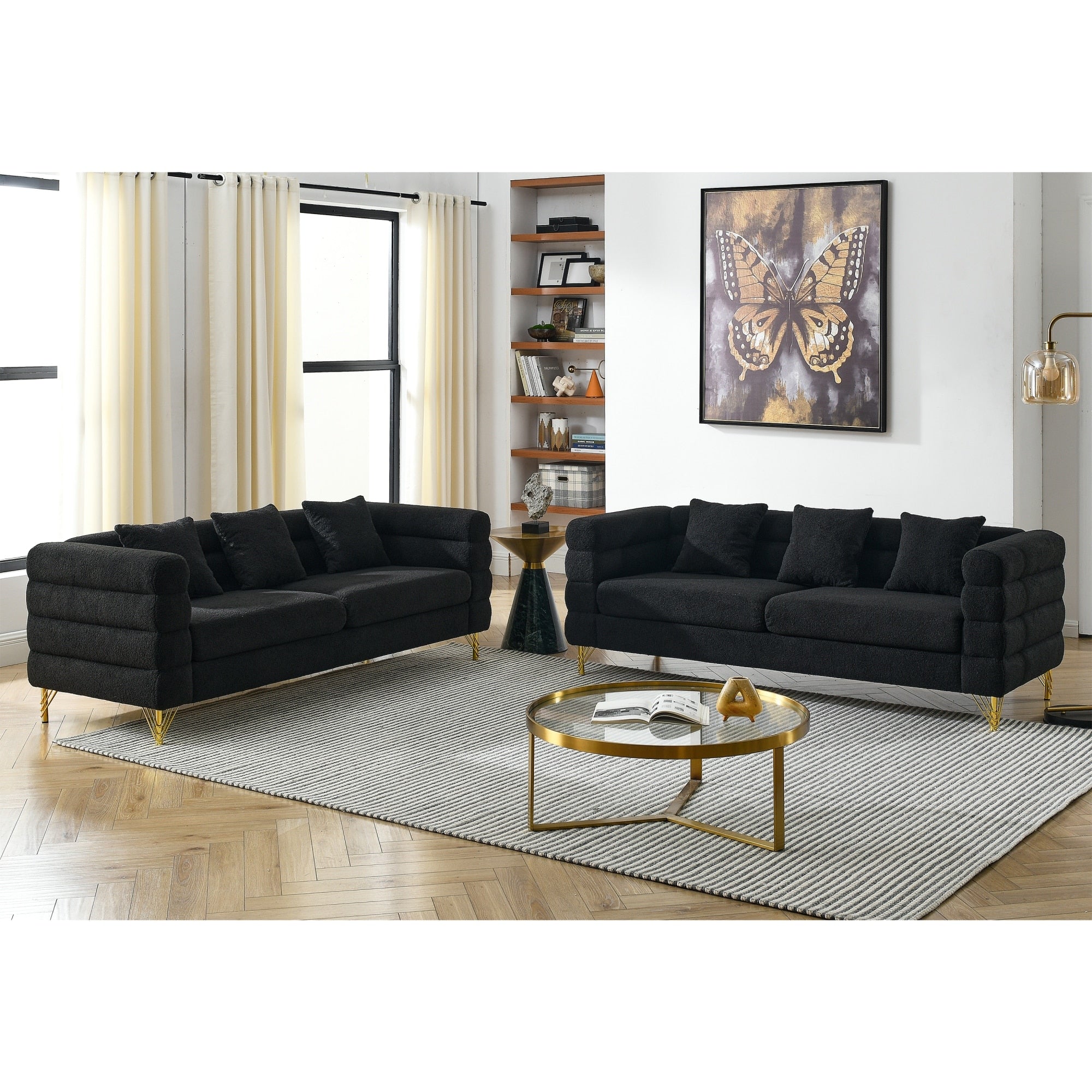Roomfitters 2 Piece Black Chesterfield Sofa Set Two 3 Seater Upholstered Couches With Button Accented Back And Gold Legs Black