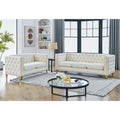 Roomfitters 2 Piece Chesterfield Sofa Set Upholstered 3 Seater Sofa And Loveseat With Gold Legs And Nailhead Trim Beige
