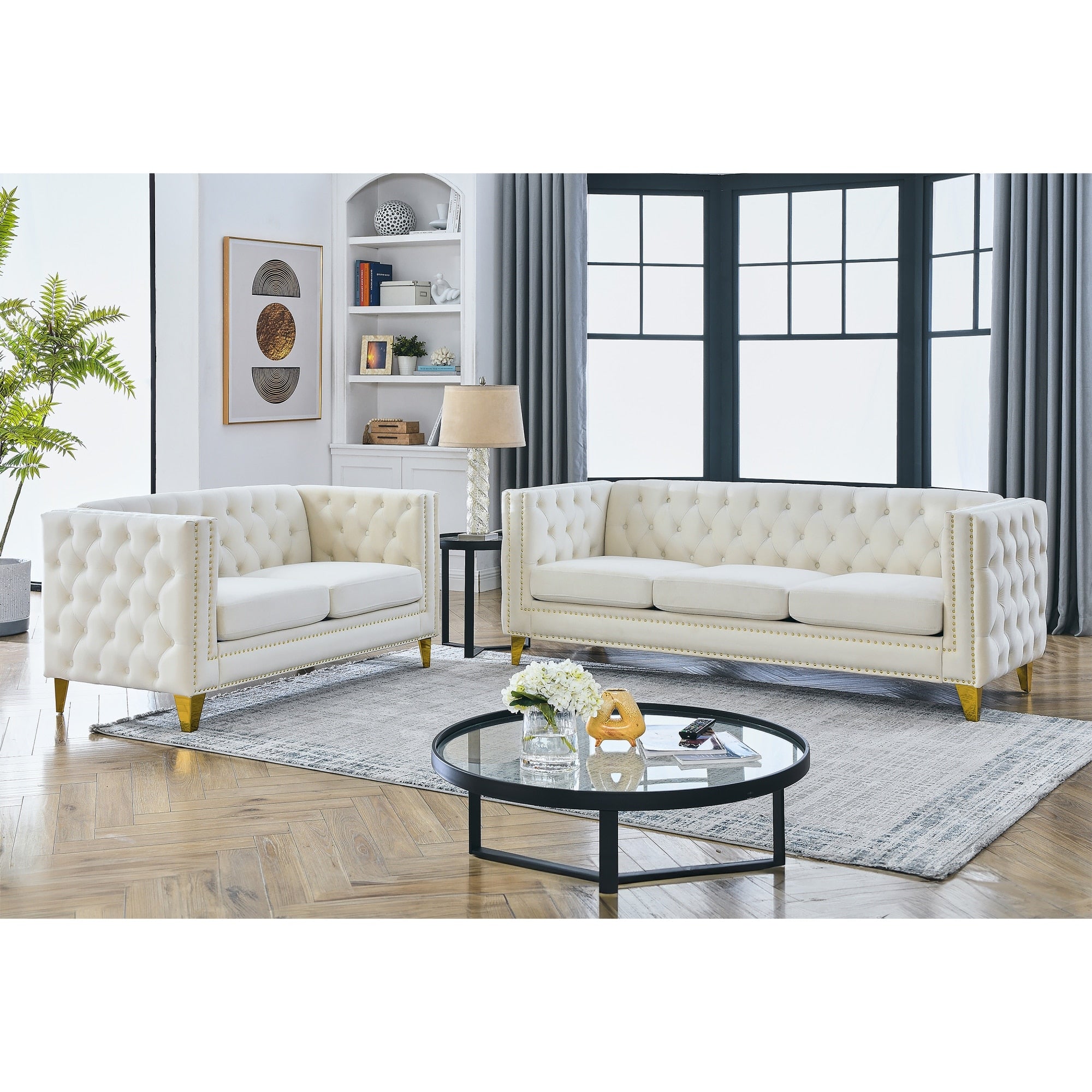 Roomfitters 2 Piece Chesterfield Sofa Set Upholstered 3 Seater Sofa And Loveseat With Gold Legs And Nailhead Trim Beige