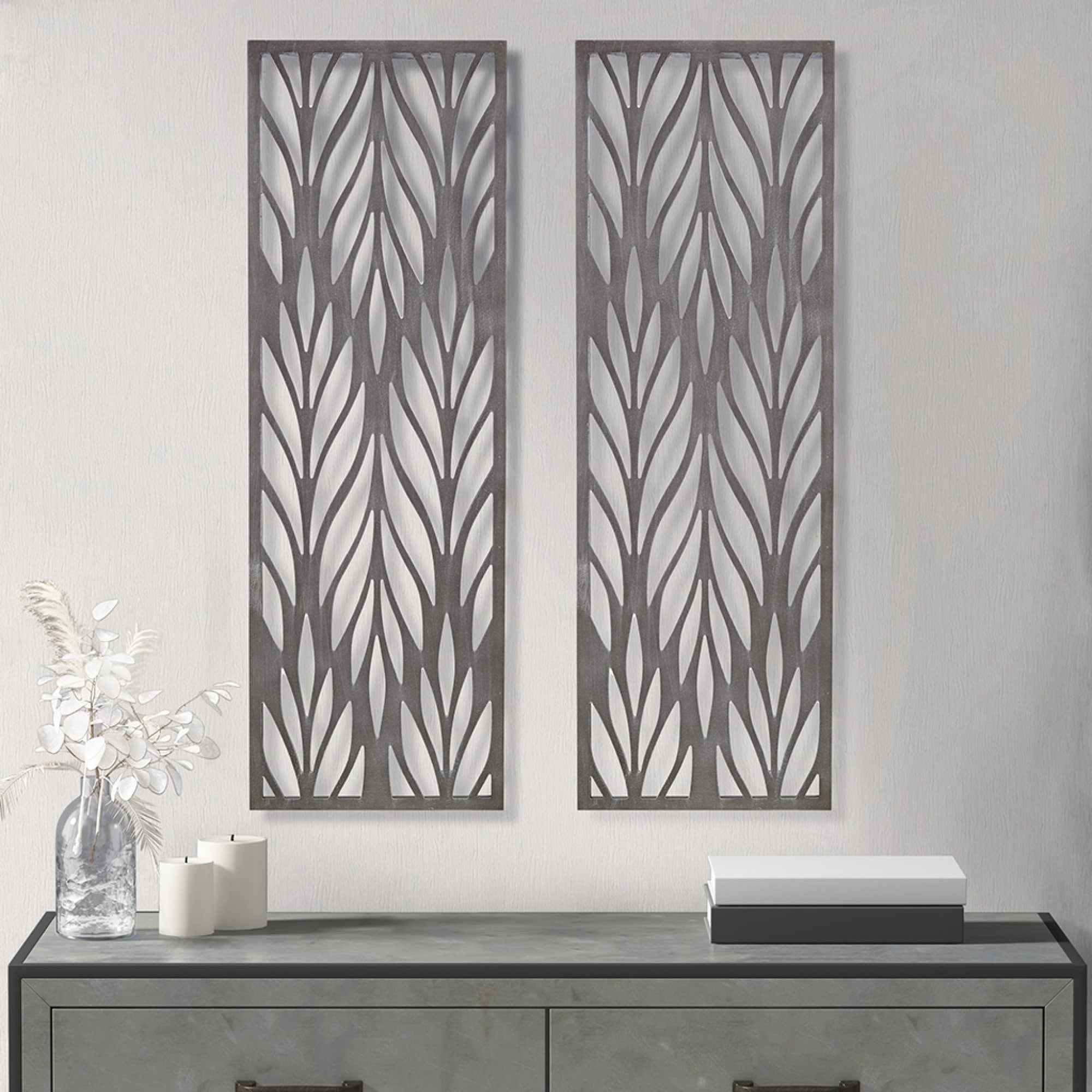 Roomfitters 2 Piece Gray Laser Cut Wood Wall Decor Set 36X12 Plume Pattern Reclaimed Gray Dimensional Art Panels