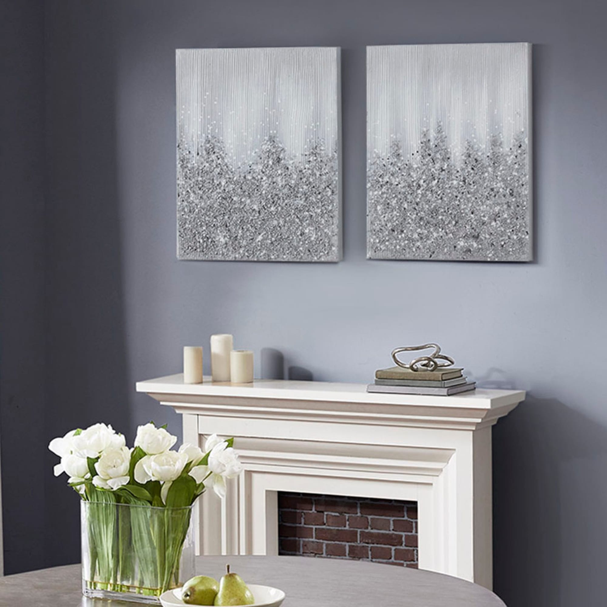 Roomfitters 2 Piece Heavily Embellished Silver Canvas Wall Art Set Textured Abstract Glitter Design
