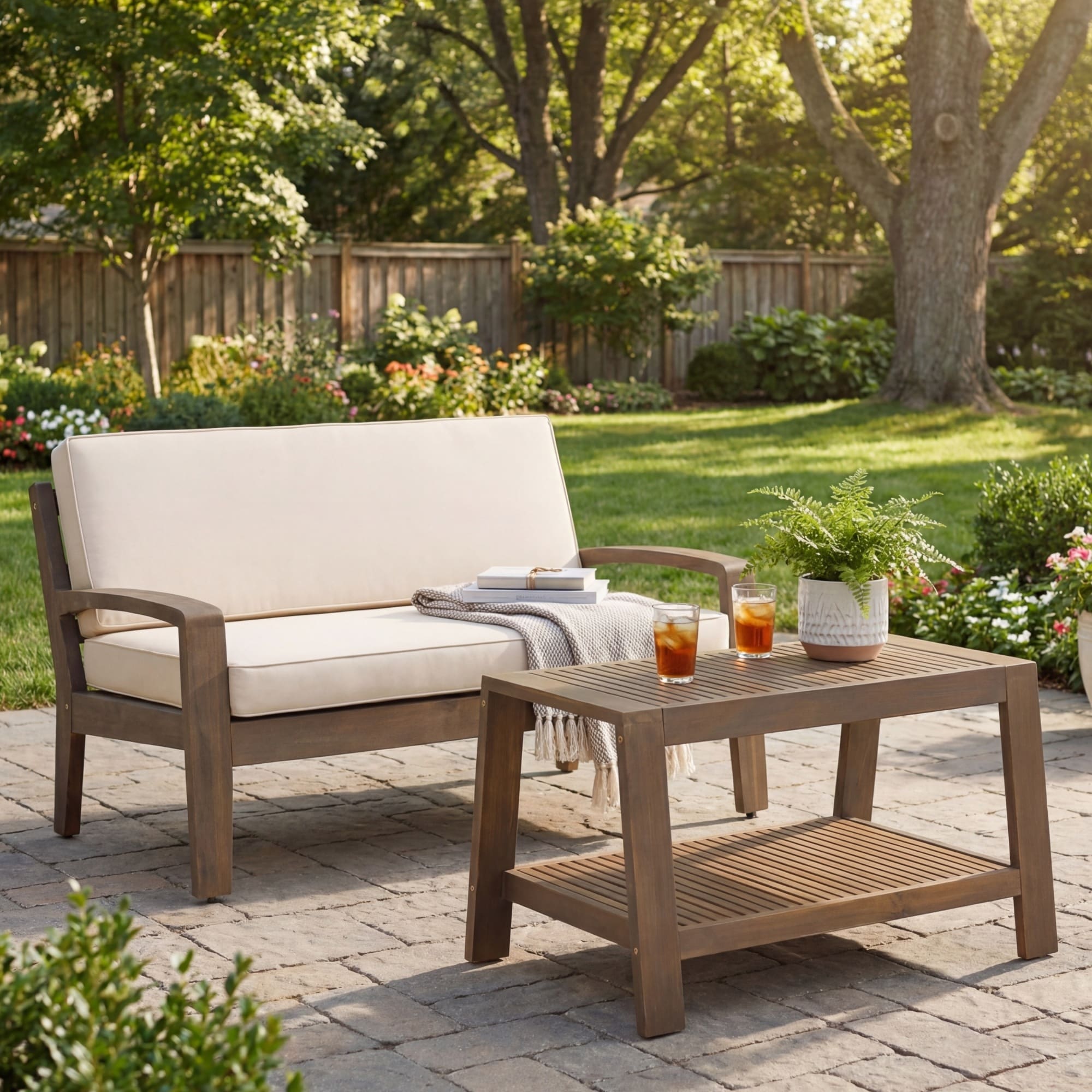 Roomfitters 2 Piece Modern Outdoor Gray Acacia Wood Conversation Set Patio Loveseat With Slatted Coffee Table