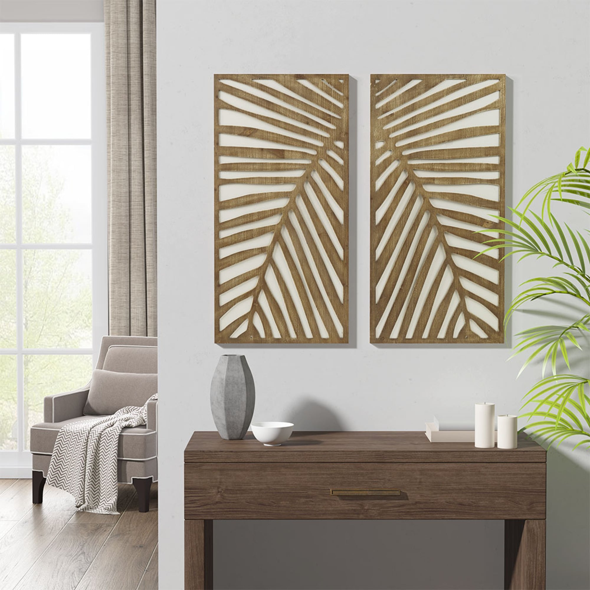 Roomfitters 2 Piece Tropical Palm Leaf Carved Wood Wall Decor Set Dark Brown And White Botanical Dimensional Art
