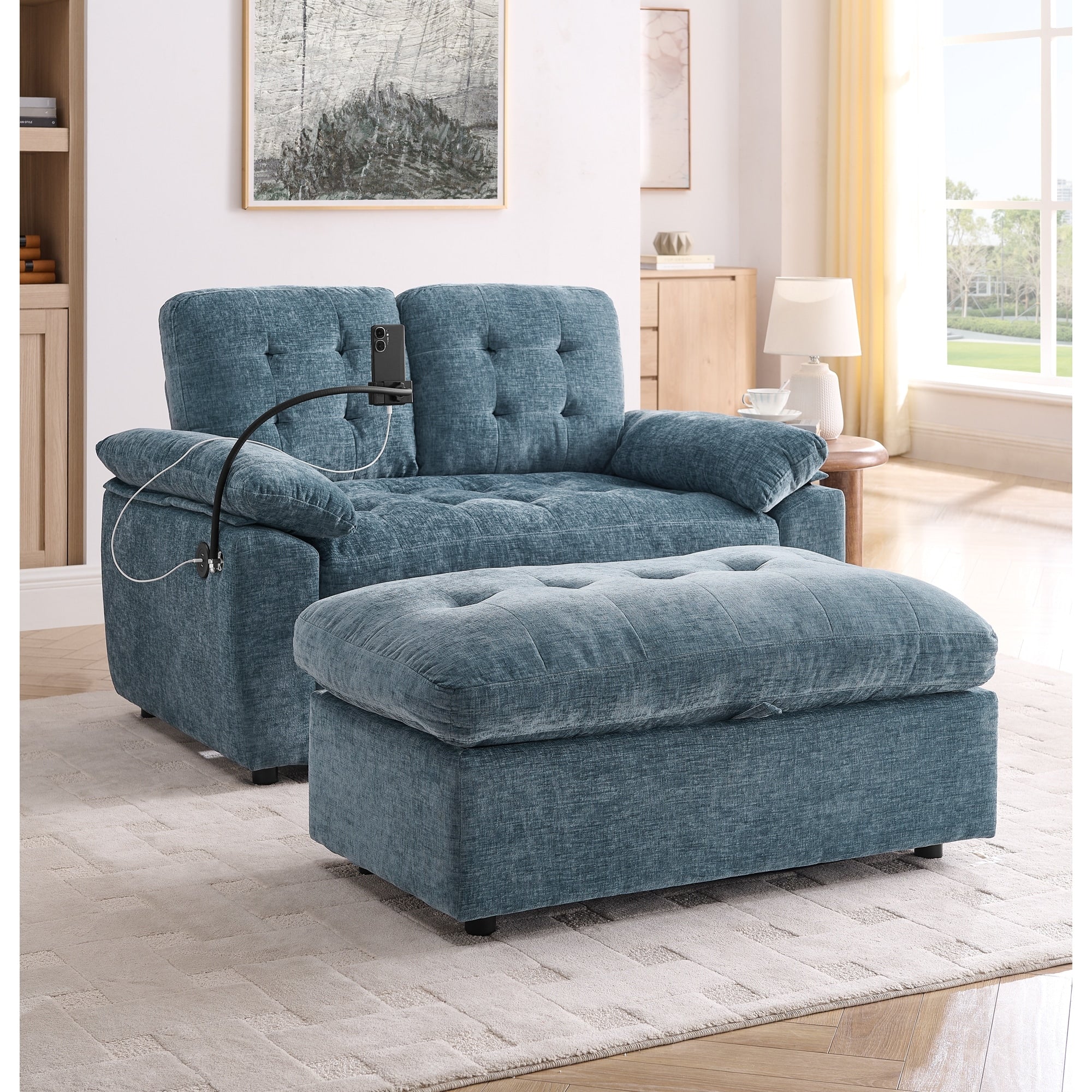 Roomfitters 2 Seater Upholstered Loveseat Sofa With Storage Ottoman Phone Mount And Side Pocket Tufted Accent Couch