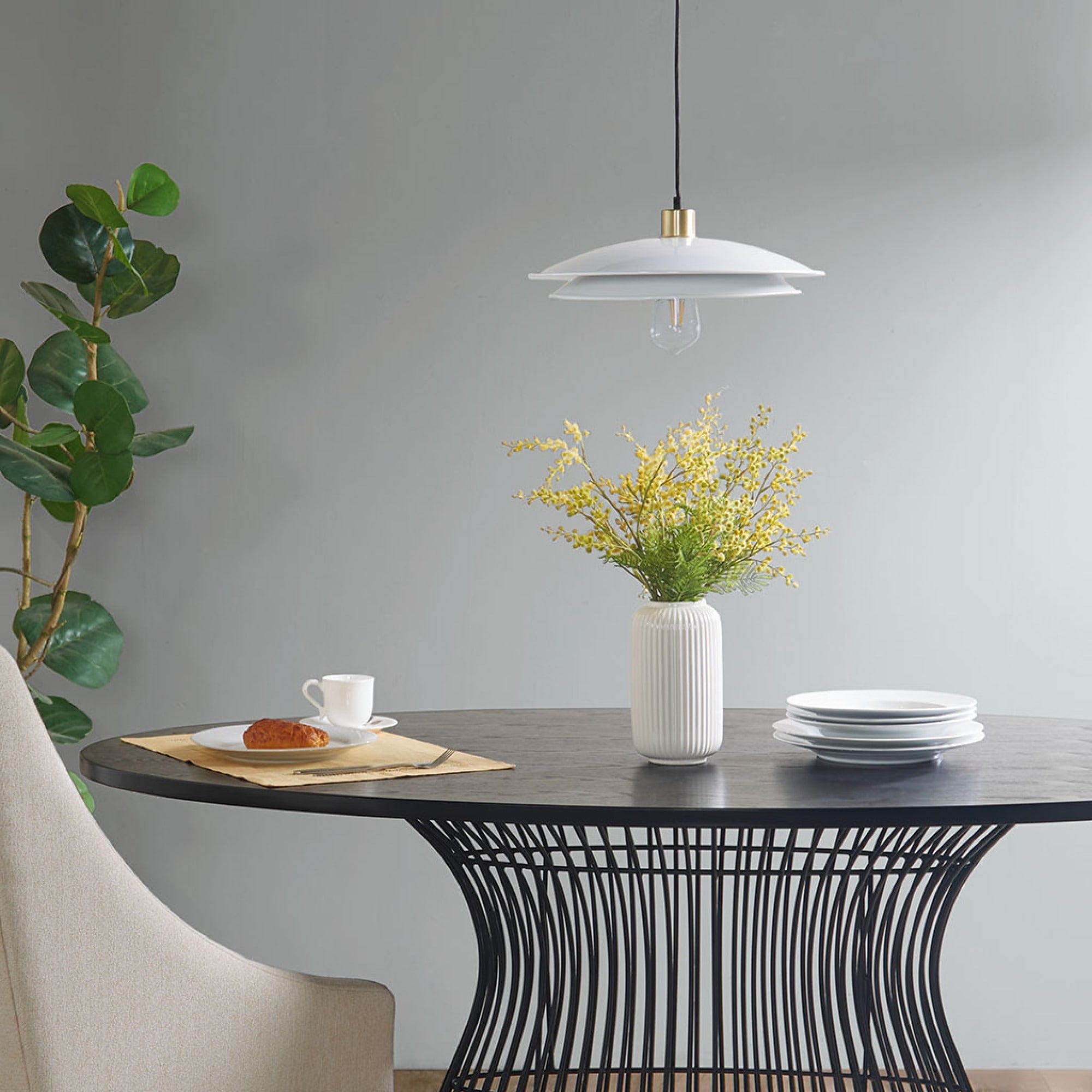 Roomfitters 2 Tier Layered Shade Pendant Mid Century Matte White Hanging Light Luxury Gold White Single Bulb Ceiling Fixture