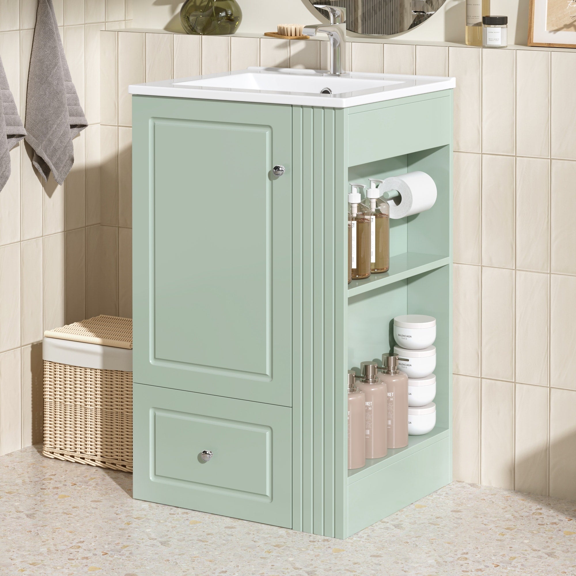 Roomfitters 20 Bathroom Vanity With Sink Soft Close Drawer Side Open Shelves Pinewood Towel Bar