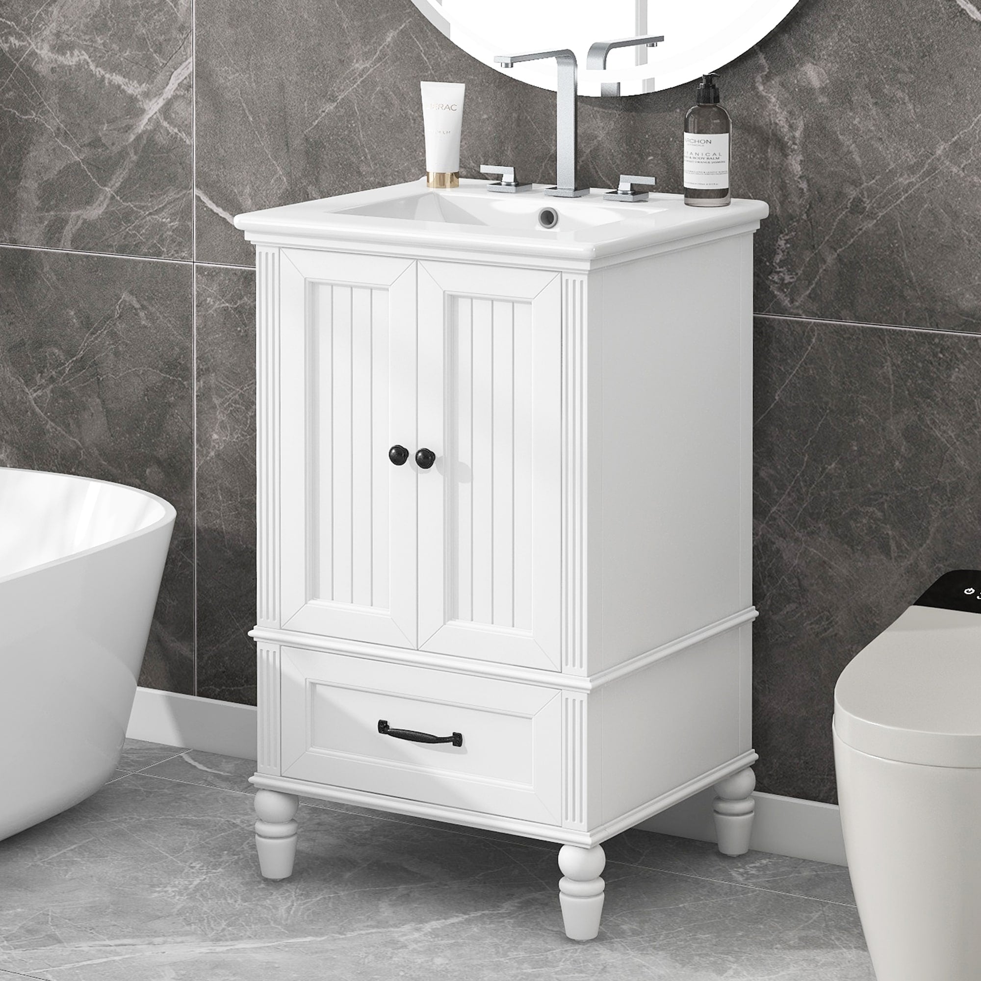 Roomfitters 20 Bathroom Vanity With Sink Solid Wood Frame 2 Doors With Magnetic Stoppers Large Drawer White