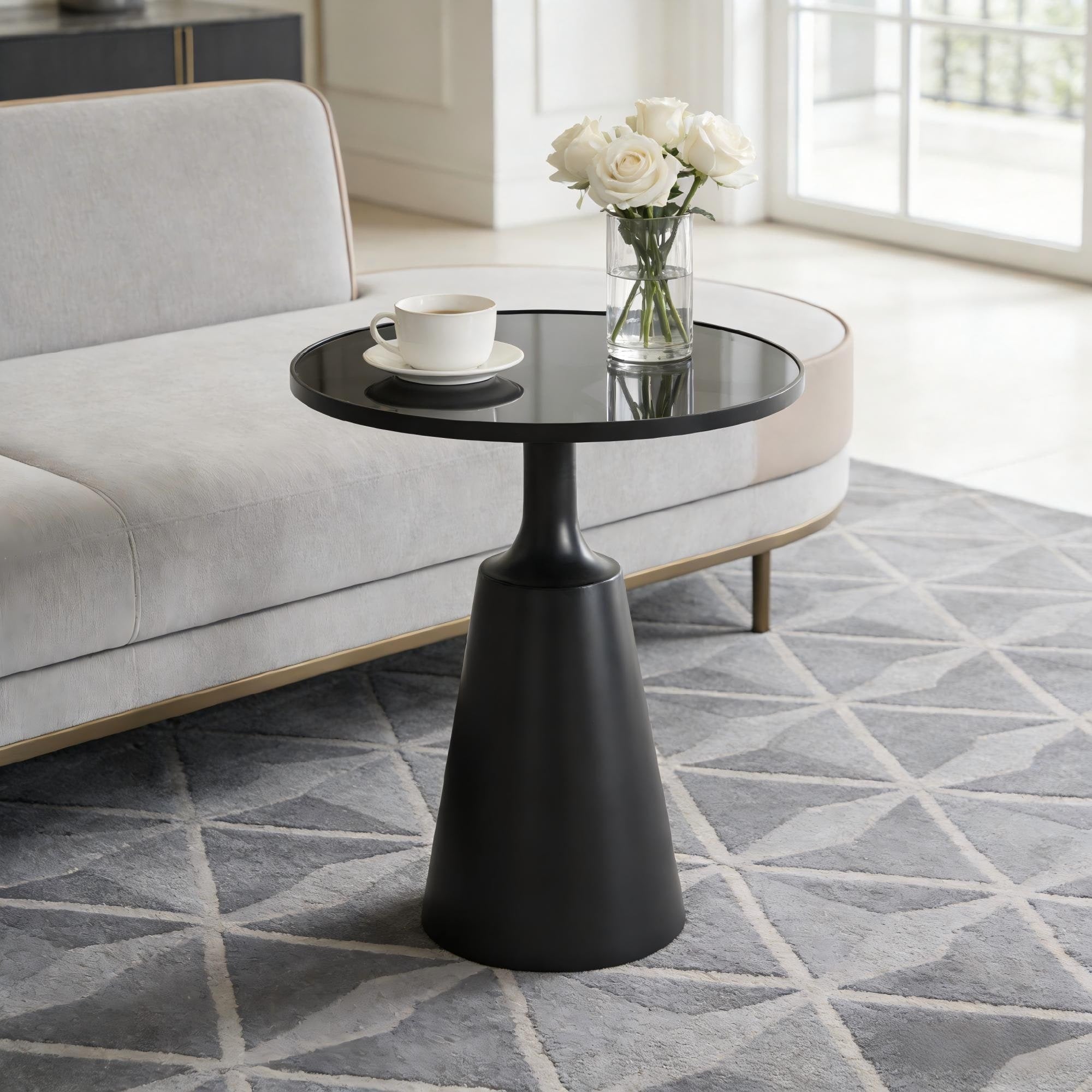 Roomfitters 20 Round Glass Top Side Table Black Metal Pedestal Base Modern Minimalist Accent End Table For Home Black