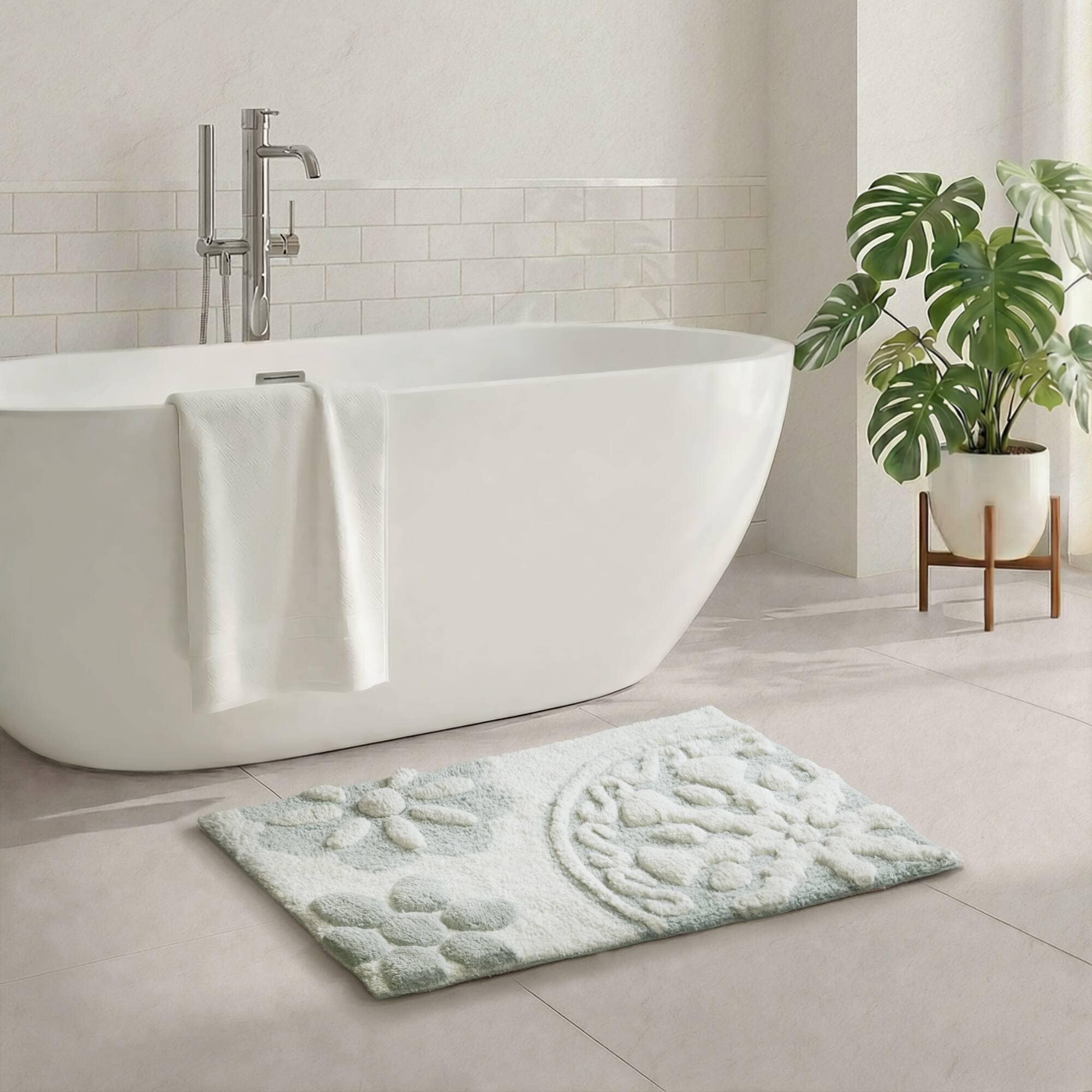 Roomfitters 20X30 Medallion Cotton Tufted Bath Rug Green White Bohemian Floral Carpet Soft Absorbent Washable Luxury Bath