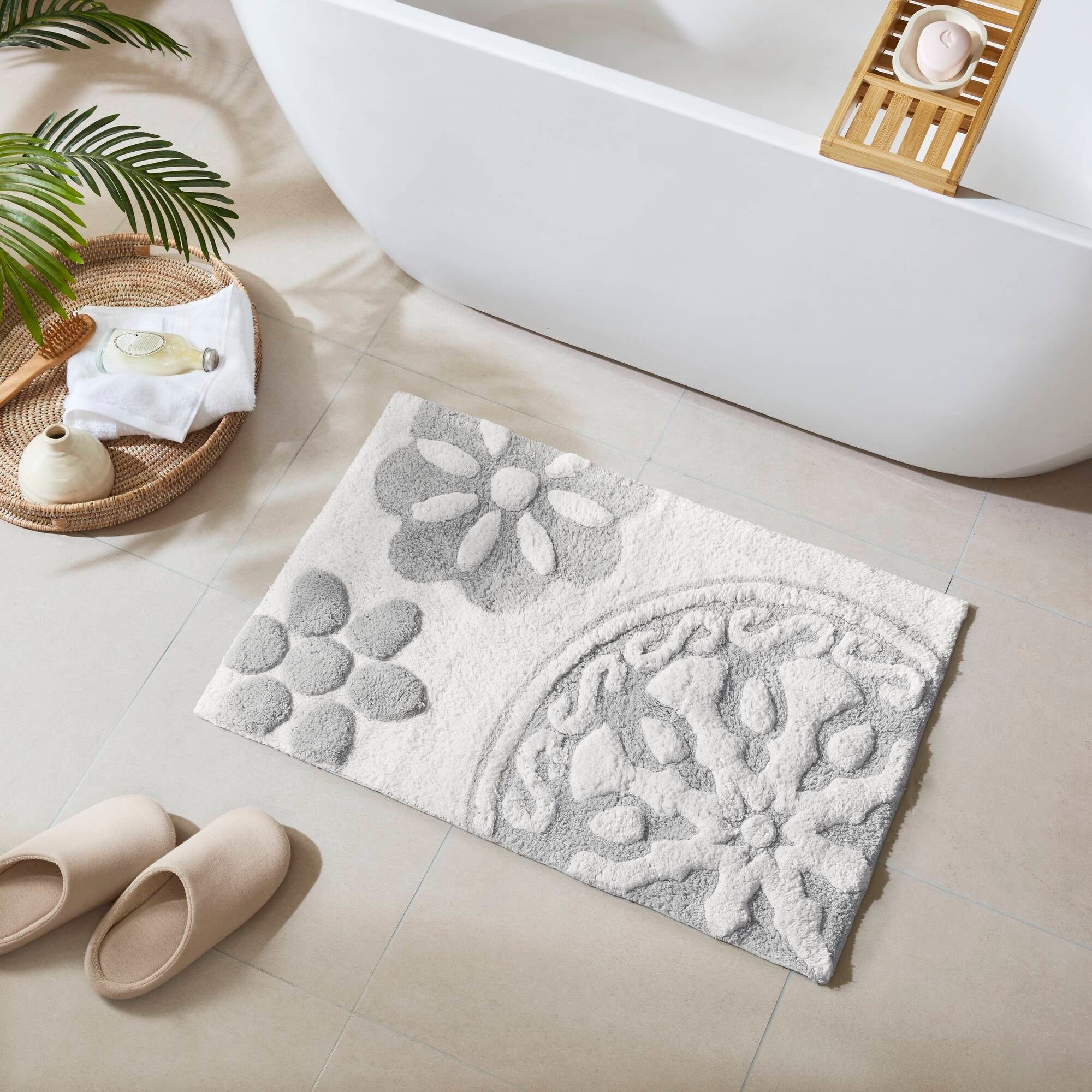 Roomfitters 20X30 Medallion Cotton Tufted Bath Rug Grey White Bohemian Floral Carpet Soft Absorbent Washable Luxury Bath Rug