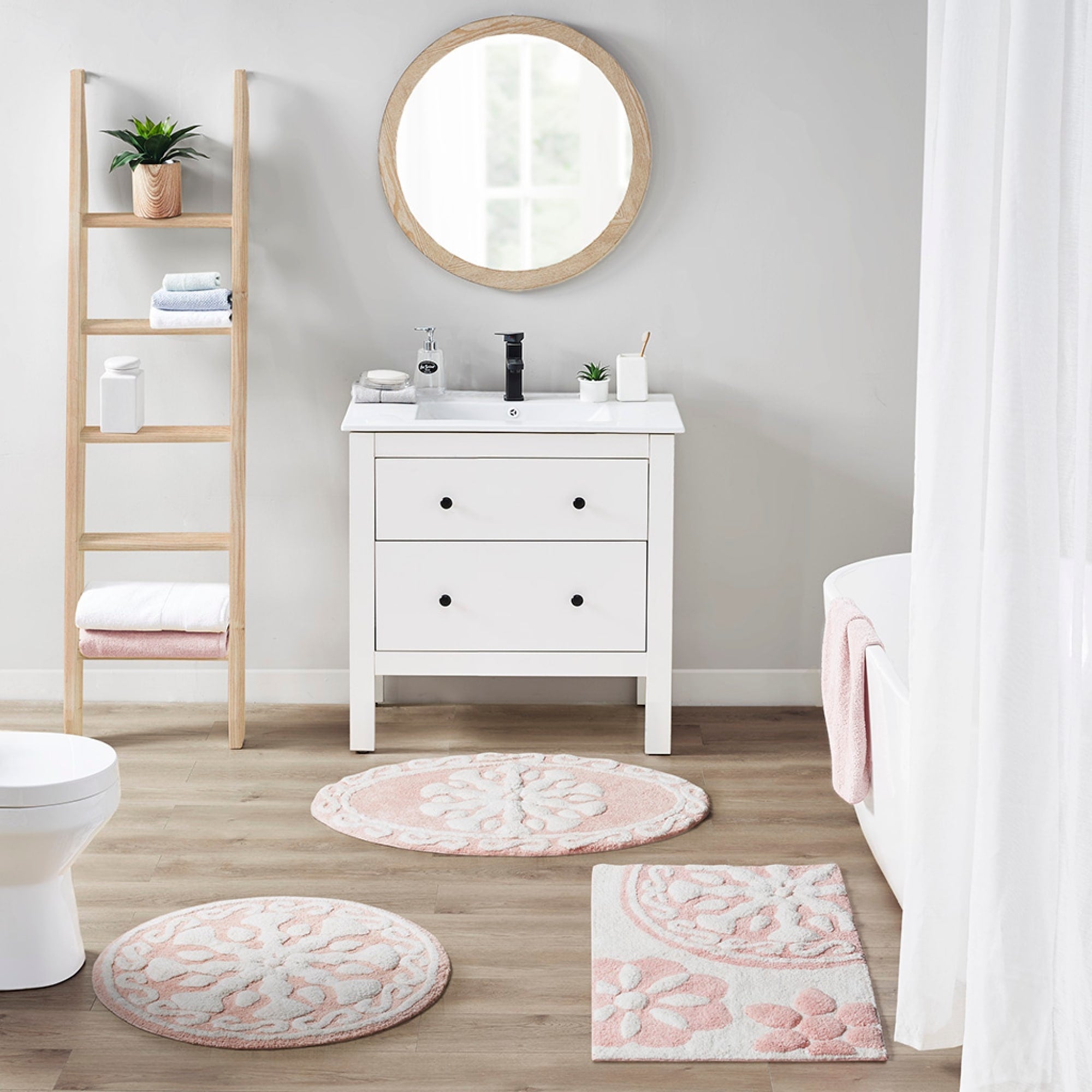 Roomfitters 20X30 Medallion Cotton Tufted Bath Rug Pink White Bohemian Floral Carpet Soft Absorbent Washable Luxury Bath Rug
