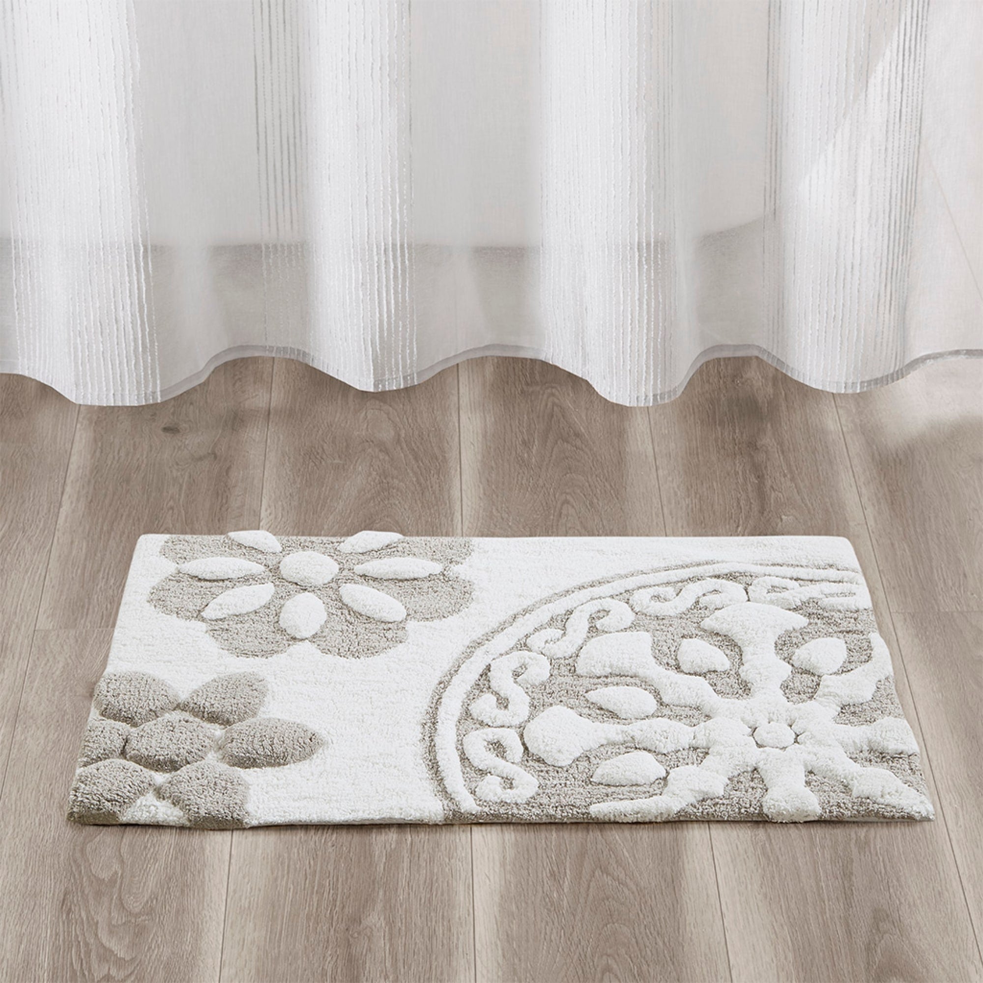 Roomfitters 20X30 Medallion Cotton Tufted Bath Rug Taupe White Bohemian Floral Carpet Soft Absorbent Washable Luxury Rug