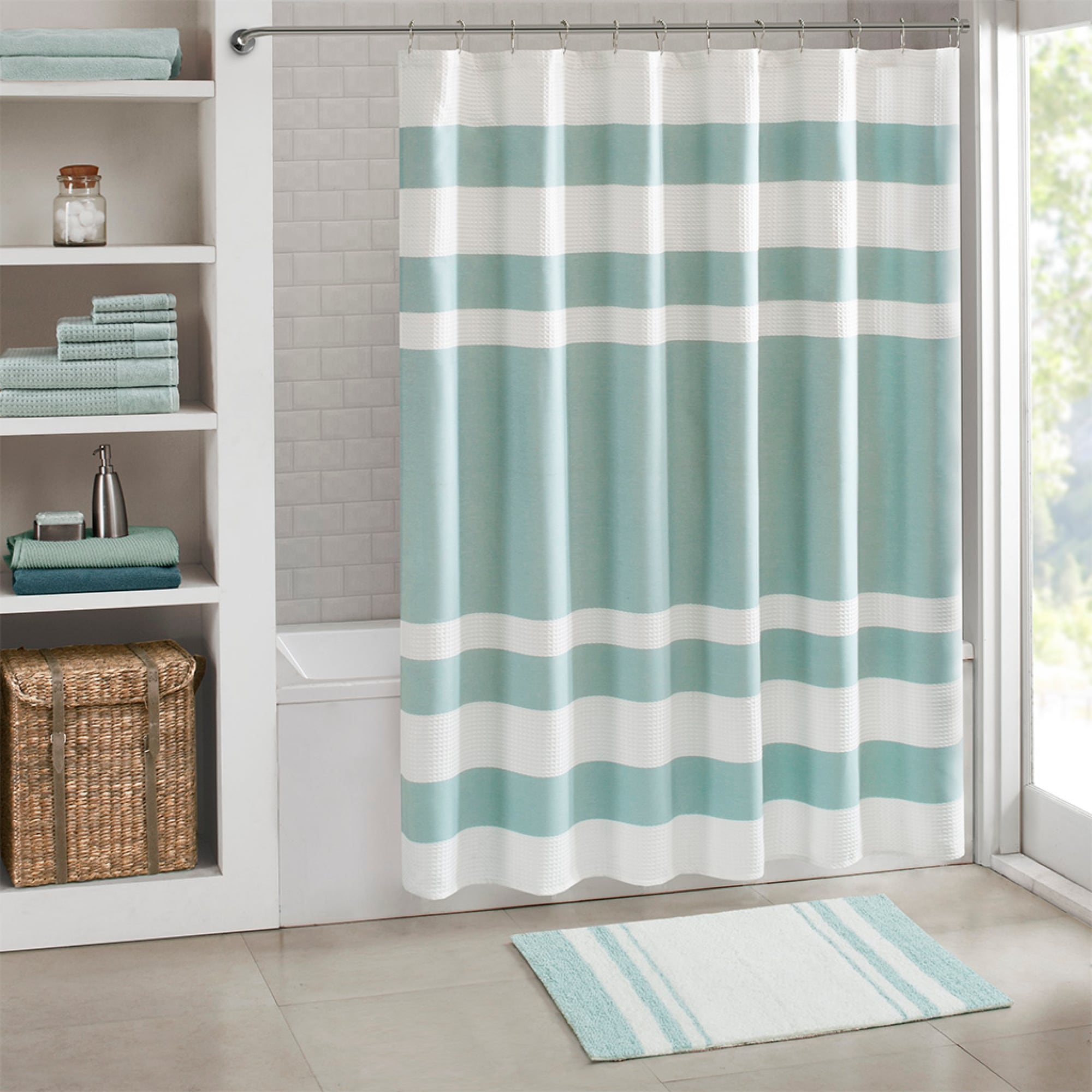 Roomfitters 20X30 Reversible Bath Rug Aqua White Casual Stripe Cotton Soft Absorbent Washable Luxury Bathroom Runner Set