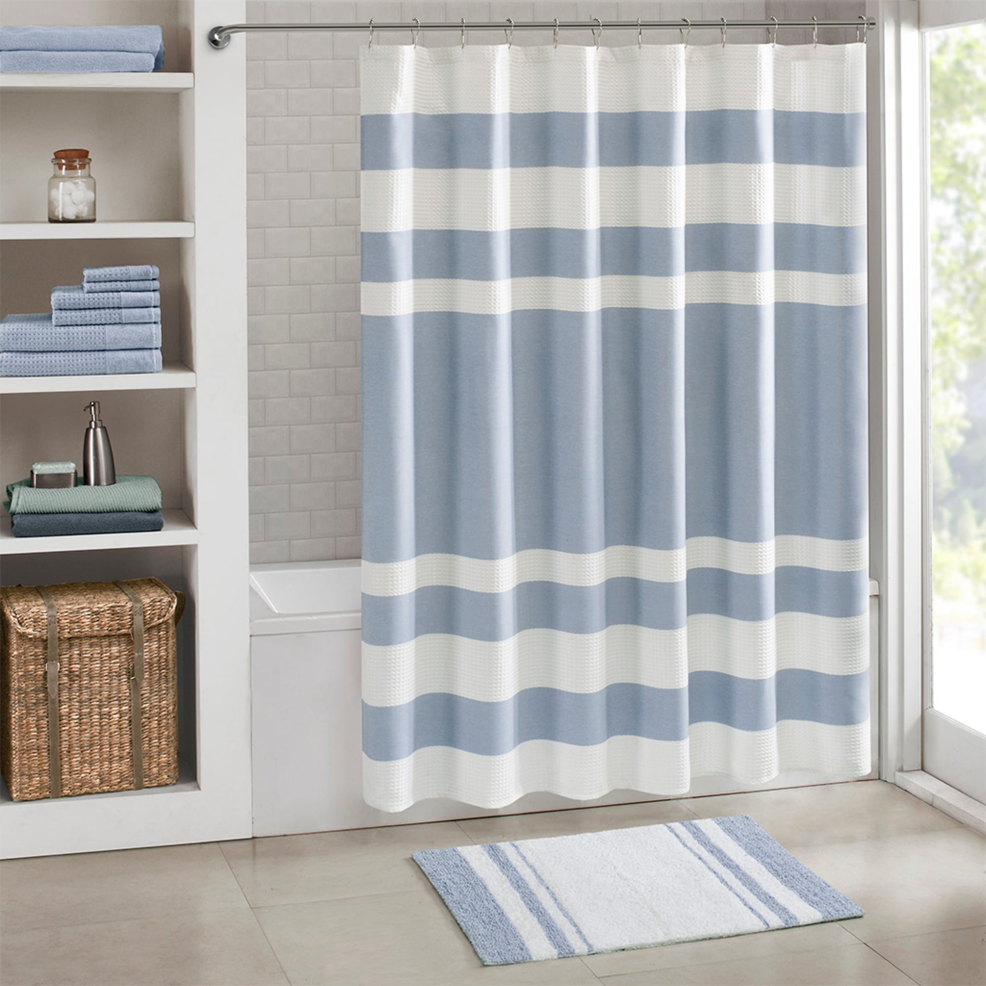 Roomfitters 20X30 Reversible Bath Rug Blue White Casual Stripe Cotton Rug Soft Absorbent Washable Luxury Bathroom Runner