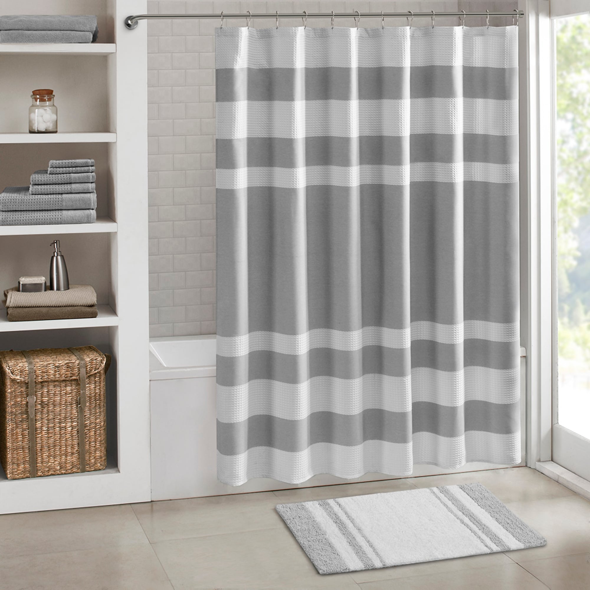 Roomfitters 20X30 Reversible Bath Rug Grey White Casual Stripe Cotton Soft Absorbent Washable Luxury Bathroom Runner Set