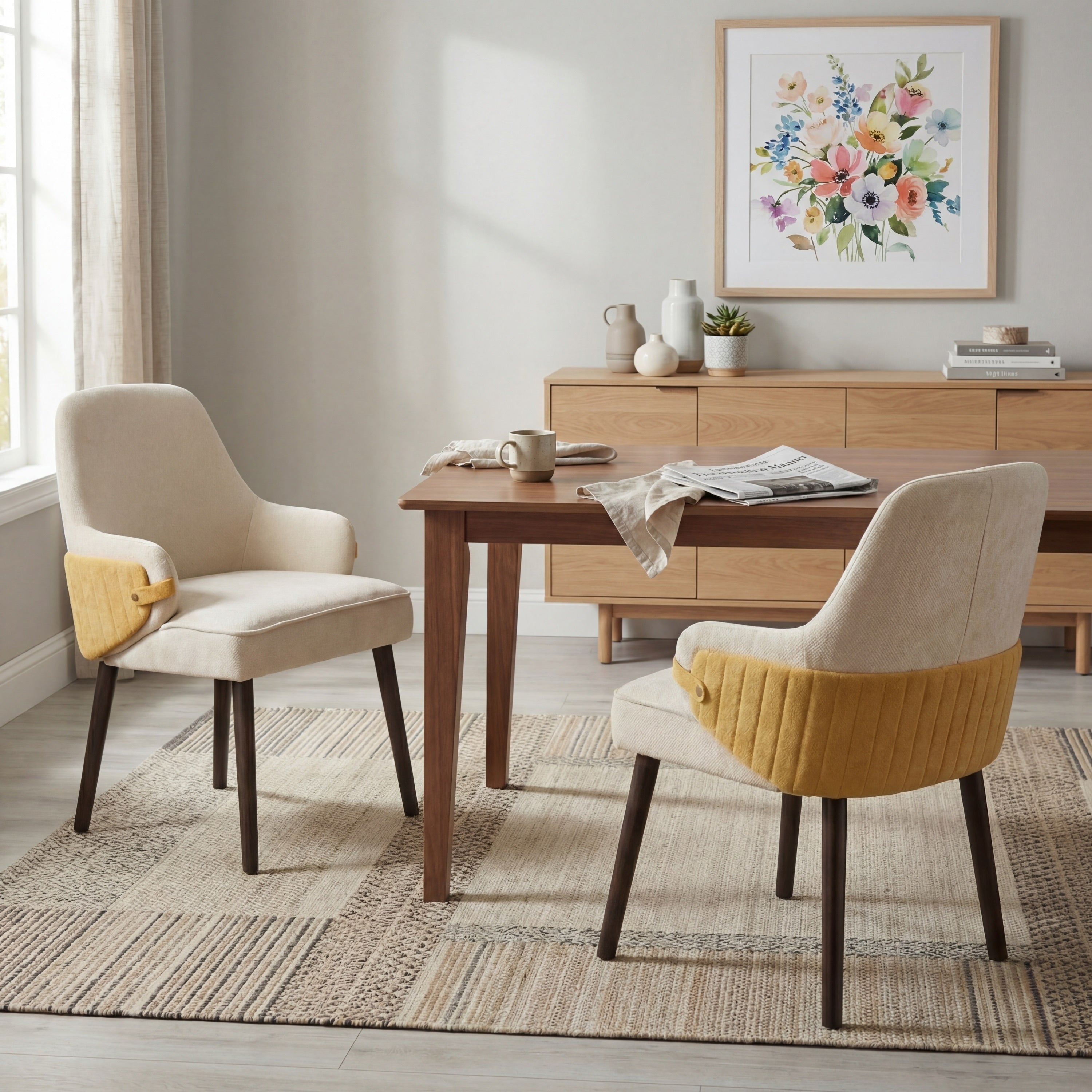 Roomfitters 21 Mid Century Modern Upholstered Dining Armchairs With Ribbed Tufted Back And Wood Legs Set Of 2