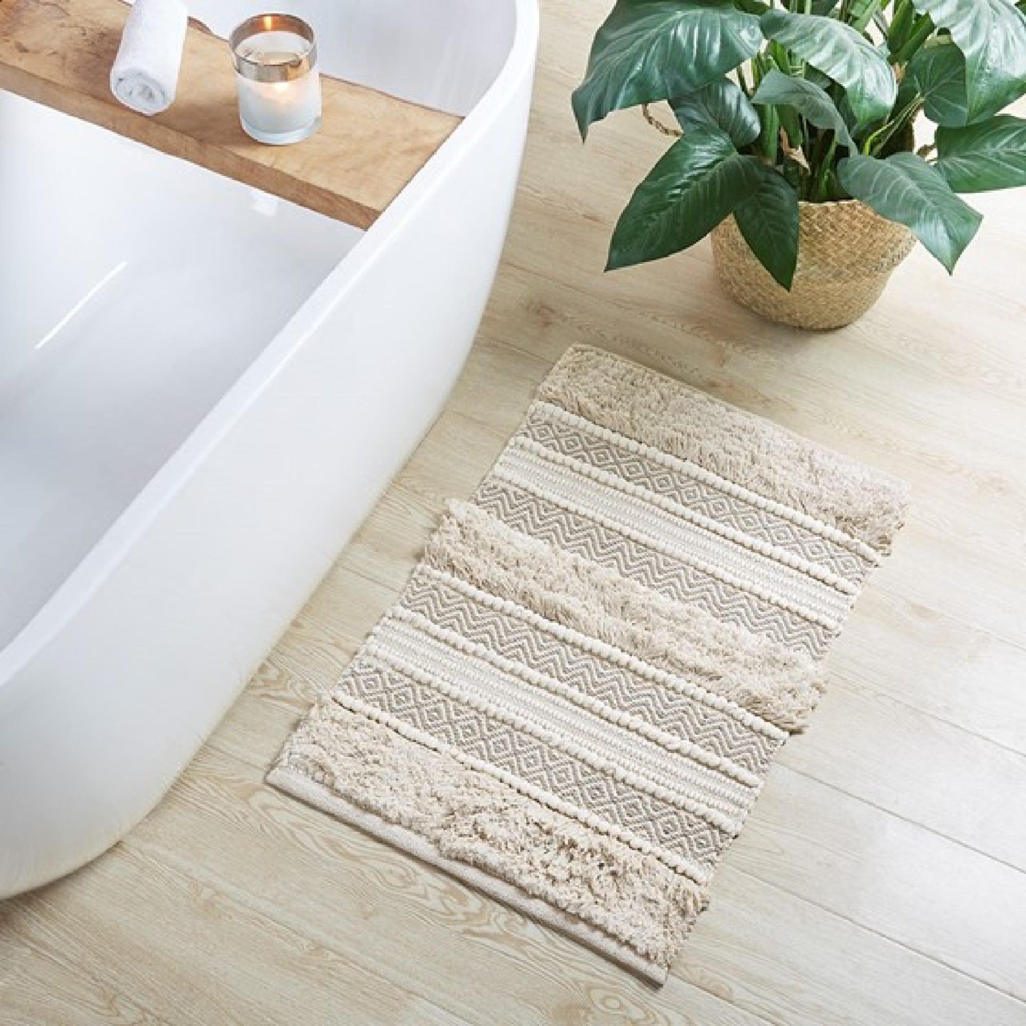 Roomfitters 22X58 Woven Texture Stripe Bath Rug Natural Boho Handwoven Runner Taupe Decorative Bath Rug Non Skid Backing