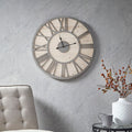 Roomfitters 23.6 Inch Wood Wall Clock Rustic Natural Grain Grey Metal Frame Decor Large Roman Numeral Clock For Home Office
