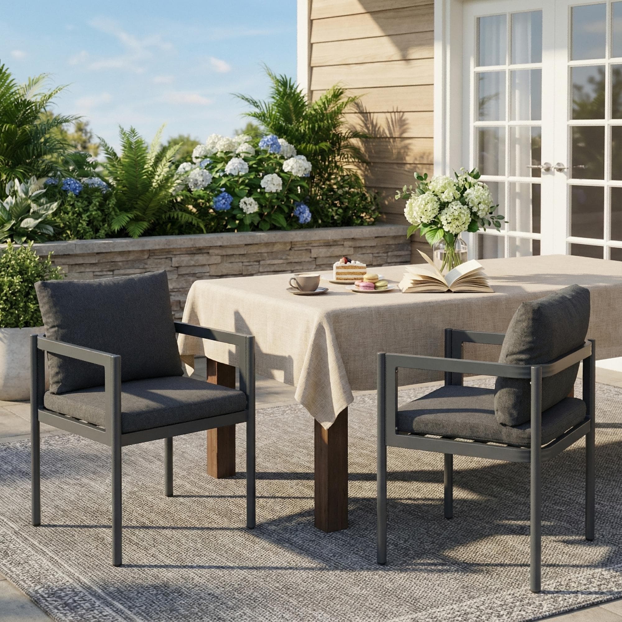 Roomfitters 23.62 Set Of 2 Modern Metal Outdoor Dining Chairs Minimalist Patio Armchairs With Upholstered Cushions